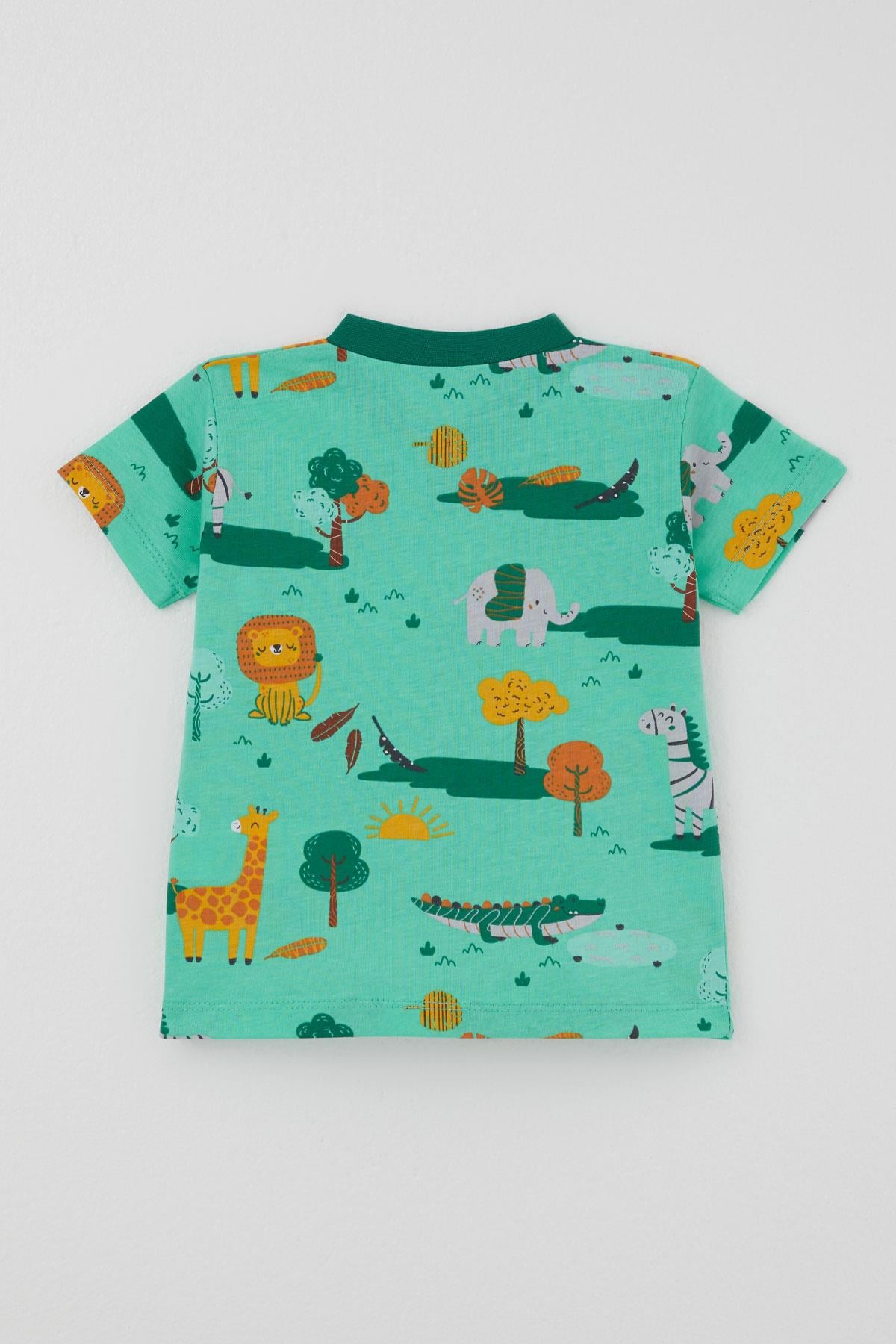 Breeze Erkek Bebek Şortlu Pijama Takımı Safari Temalı Sevimli Hayvancıklar Desenli Yeşil (4 Ay - 1 Yaş)