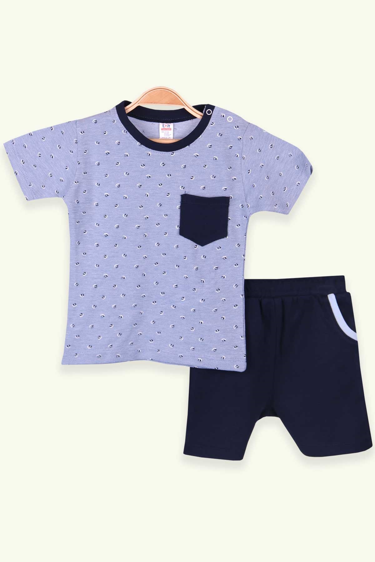 Breeze Erkek Bebek Şortlu Takım Desenli Cepli Mavi (0-3 Ay-9 Ay)
