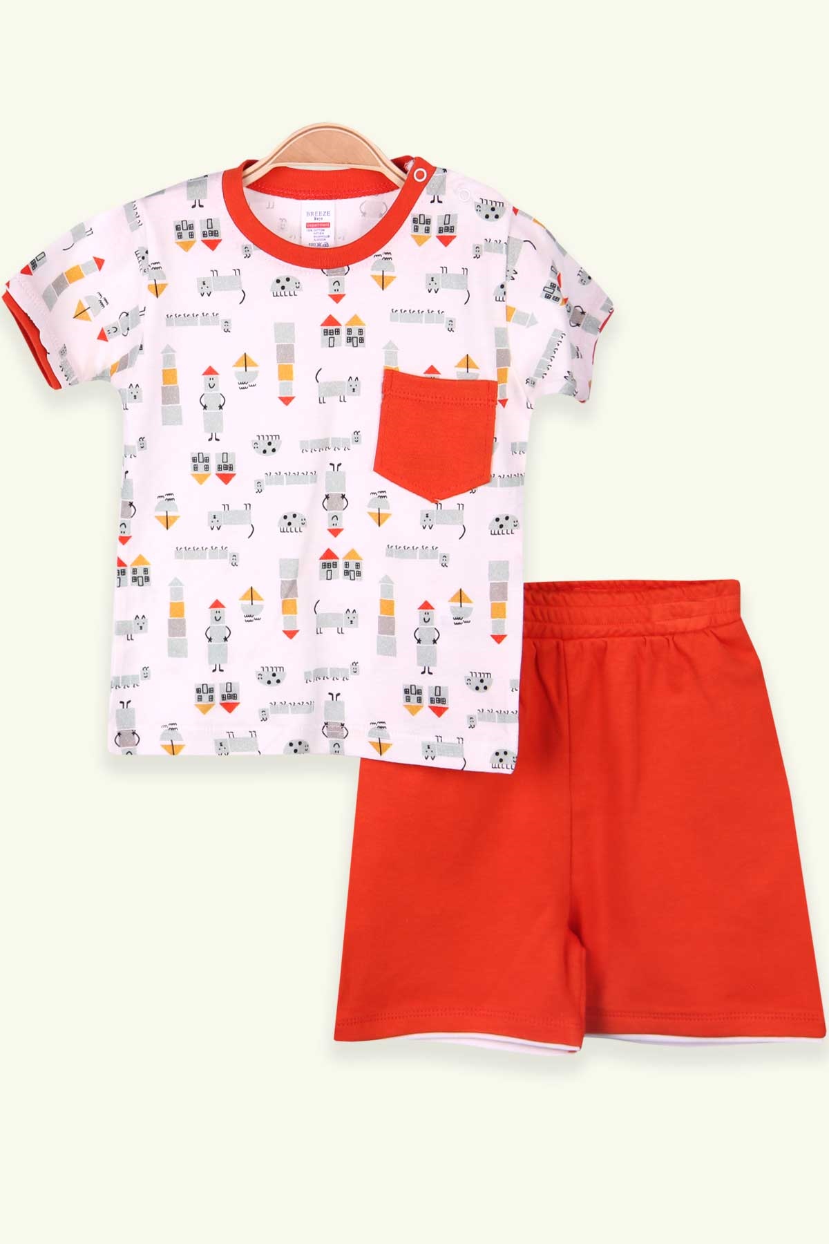 Breeze Erkek Bebek Şortlu Takım Desenli Cepli Ekru (0-3 Ay-9 Ay)
