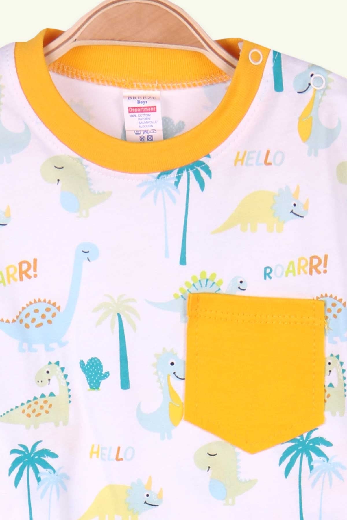 Breeze Erkek Bebek Şortlu Takım Dinozorlu Cepli Beyaz (0-3 Ay-9 Ay)