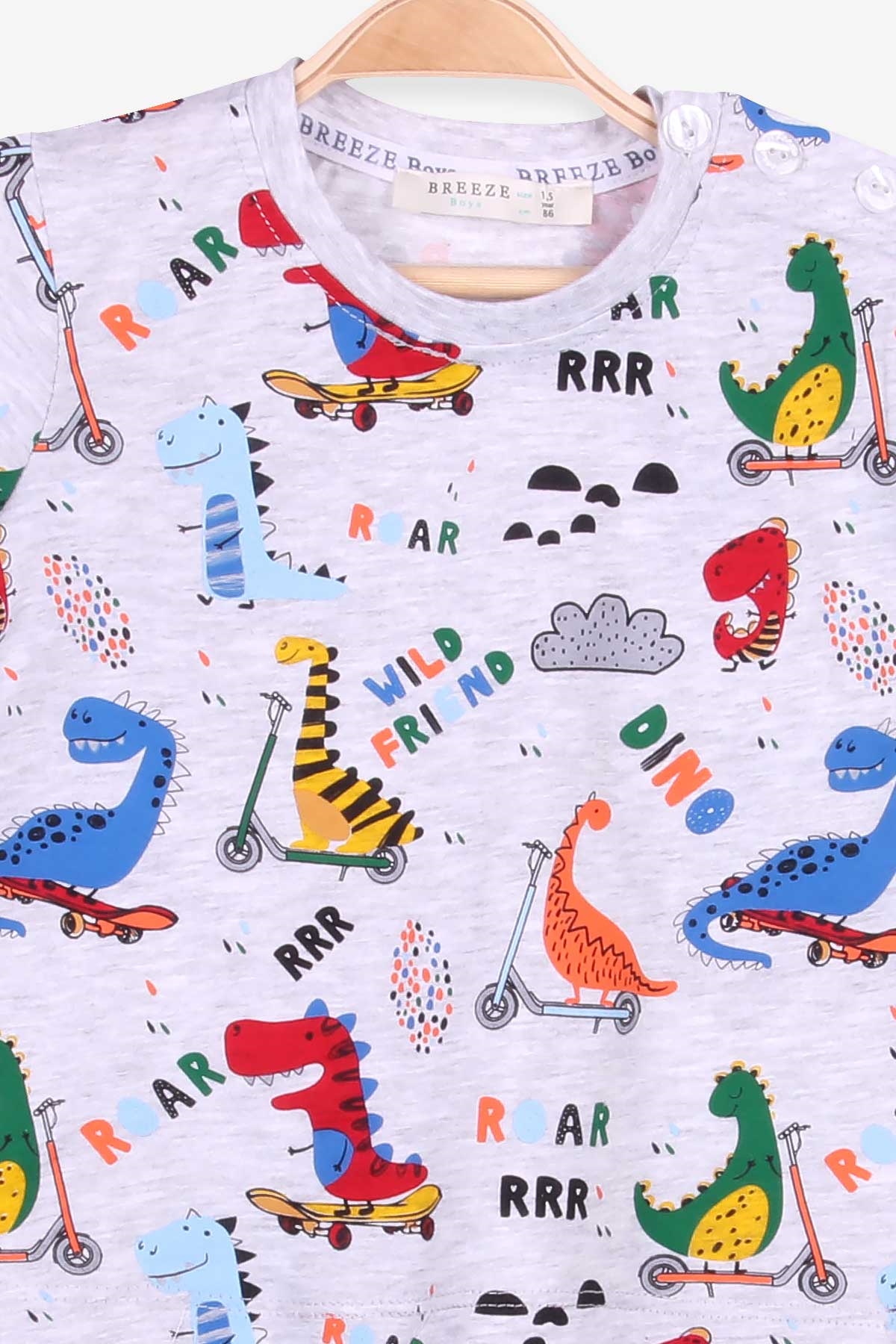 Breeze Erkek Bebek Şortlu Takım Dinozor Baskılı Gri Melanj (1.5-5 Yaş)