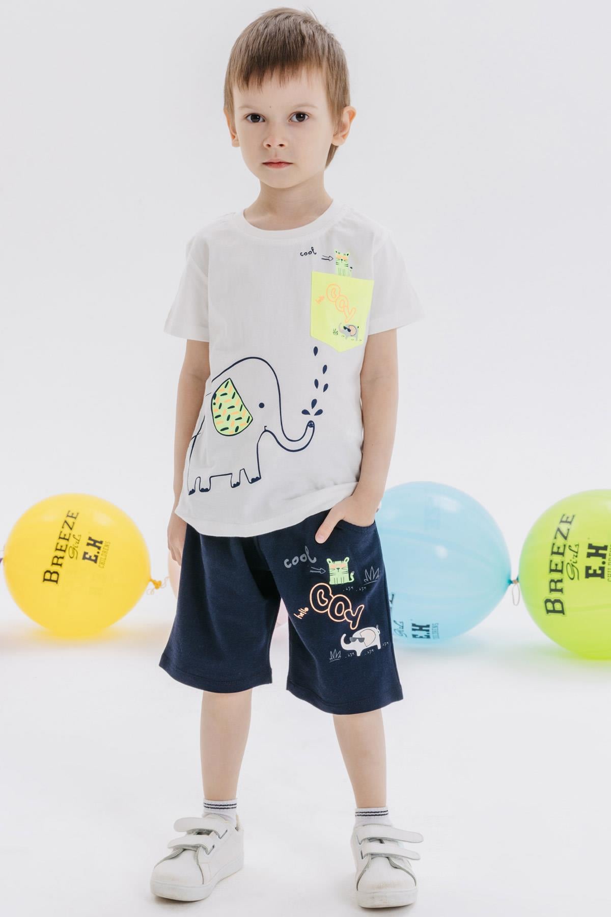 Breeze Erkek Bebek Şortlu Takım Fil Baskılı Ekru (1.5 Yaş)