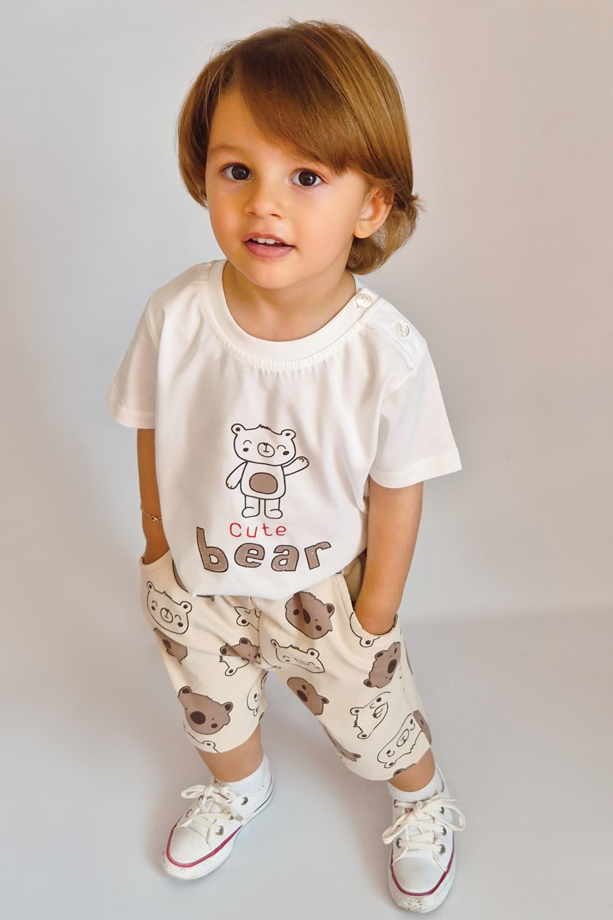 Breeze Erkek Bebek Şortlu Takım Havalı Ayıcık Baskılı Ekru (9 Ay-3 Yaş)