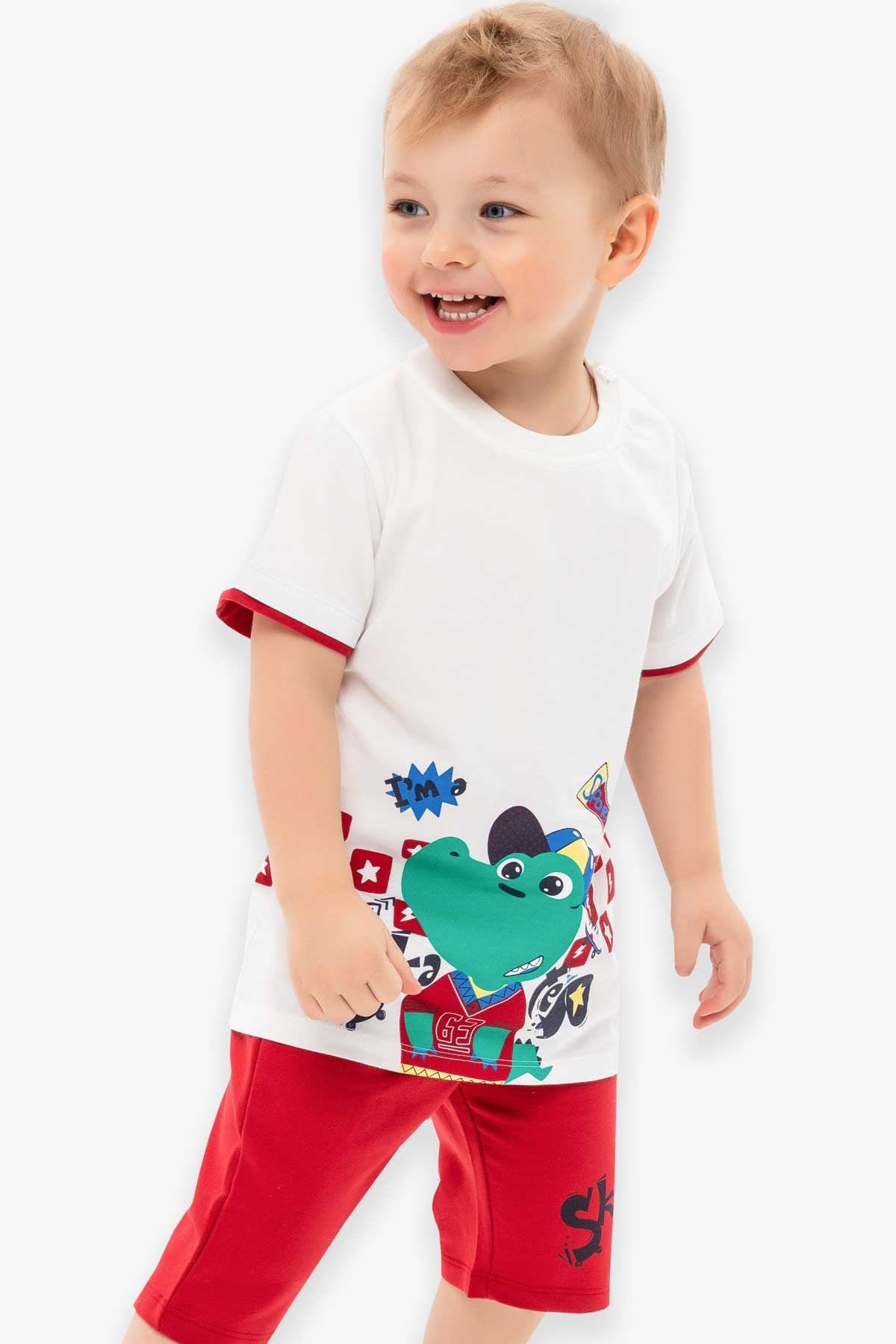 Breeze Erkek Bebek Şortlu Takım Kaykaycı Dinozor Baskılı Ekru (9 Ay-3 Yaş)