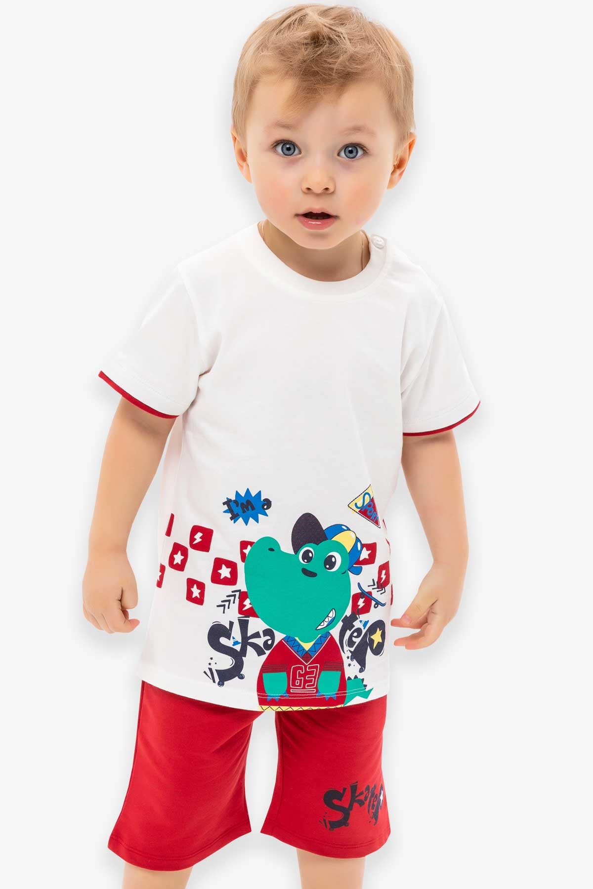 Breeze Erkek Bebek Şortlu Takım Kaykaycı Dinozor Baskılı Ekru (9 Ay-3 Yaş)