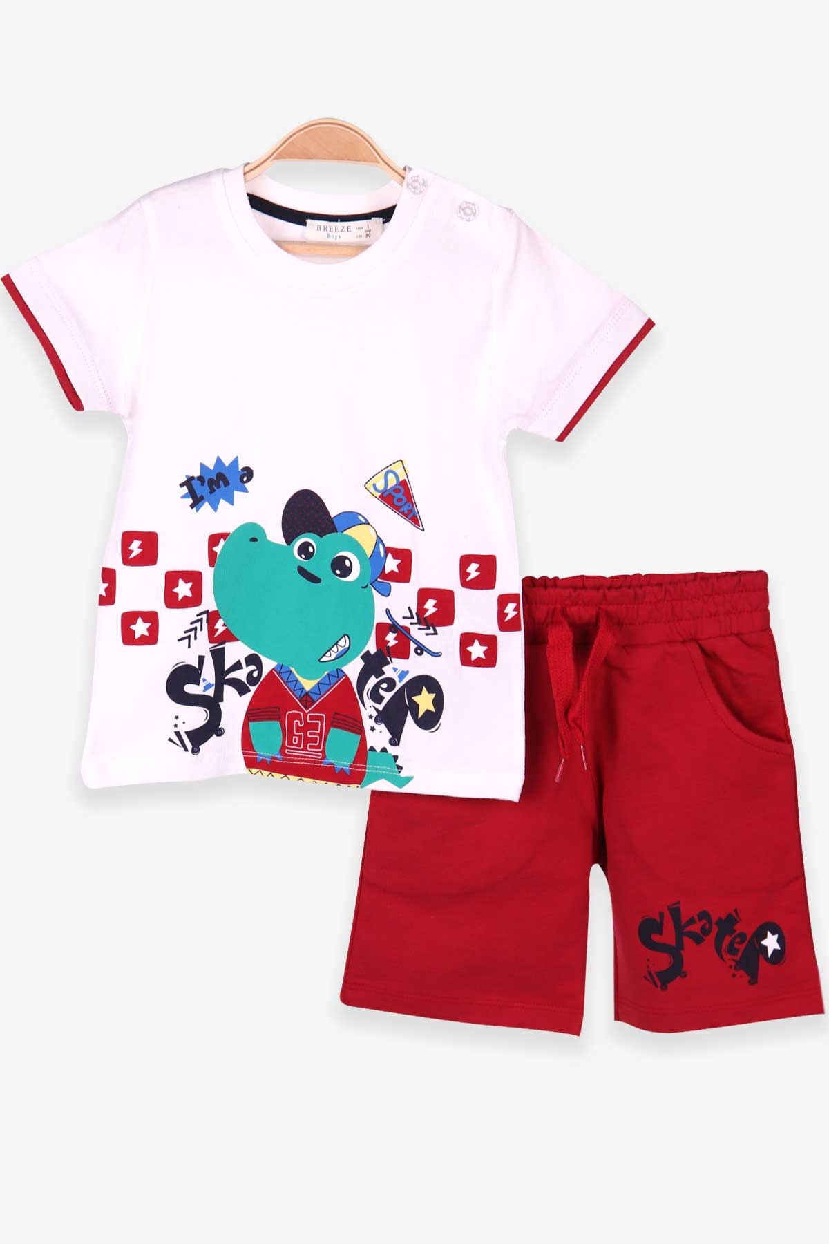 Breeze Erkek Bebek Şortlu Takım Kaykaycı Dinozor Baskılı Ekru (9 Ay-3 Yaş)