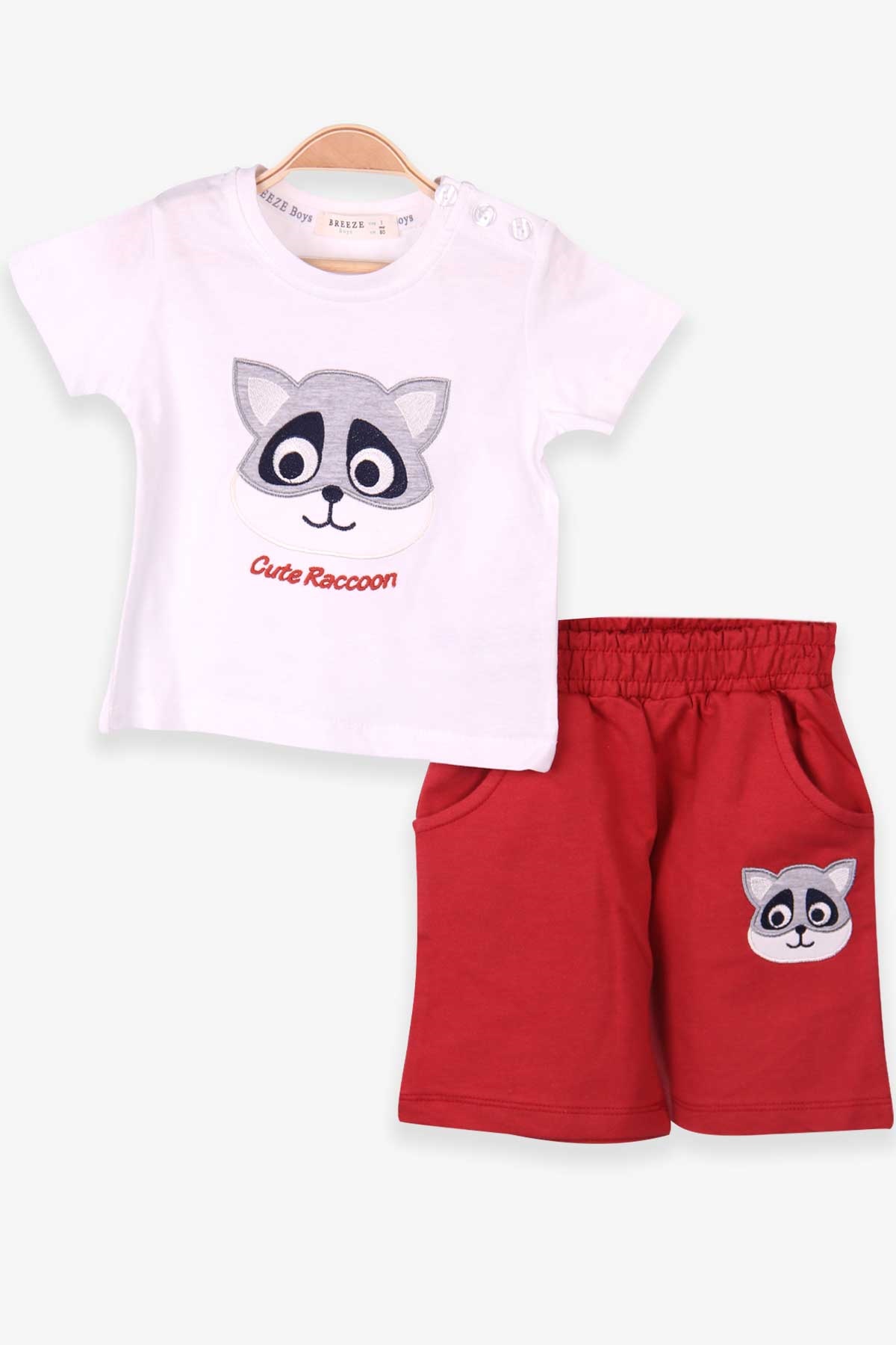 Breeze Erkek Bebek Şortlu Takım Rakun Nakışlı Beyaz (9 Ay-3 Yaş)