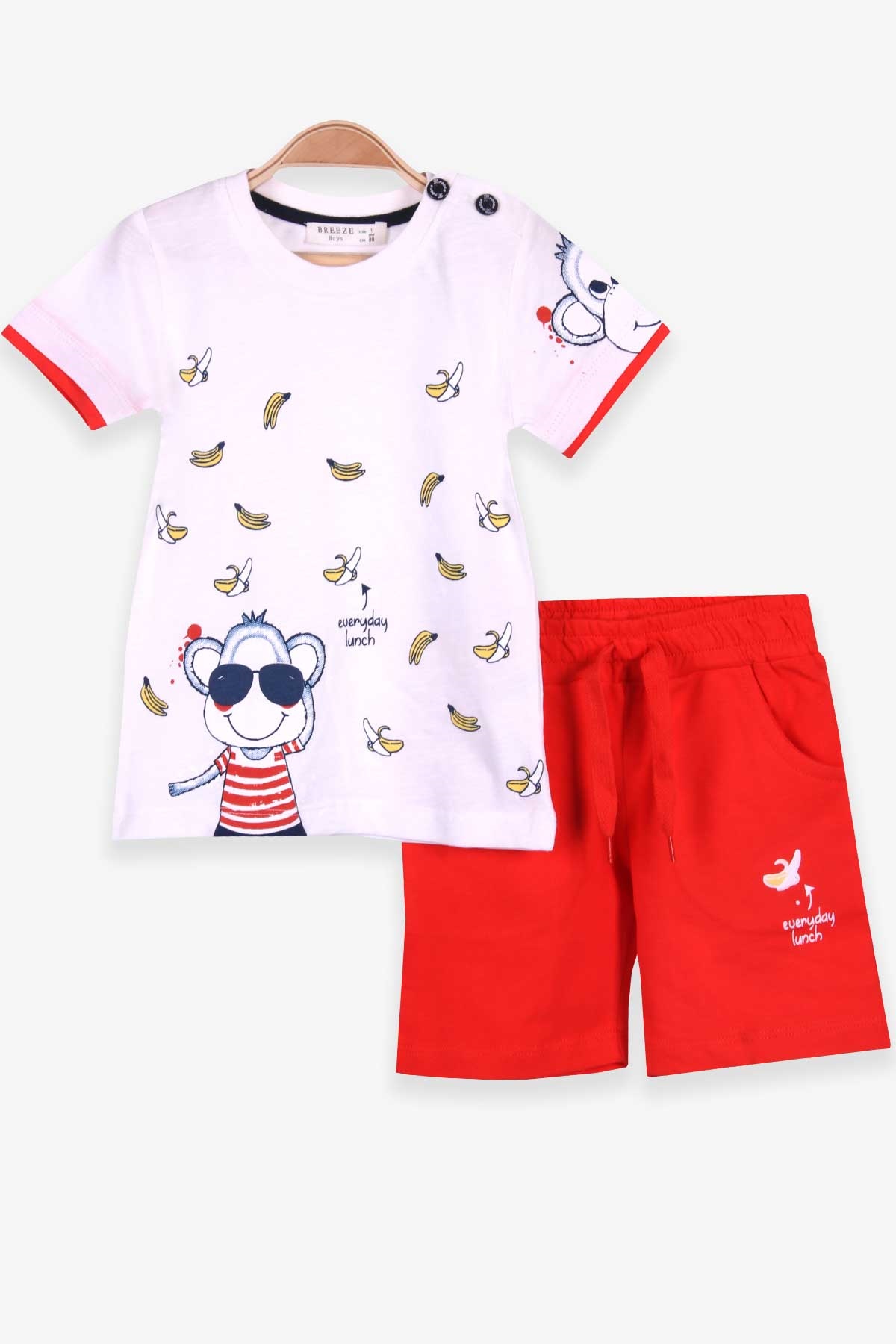 Breeze Erkek Bebek Şortlu Takım Sevimli Maymunlu Beyaz (9 Ay-3 Yaş)