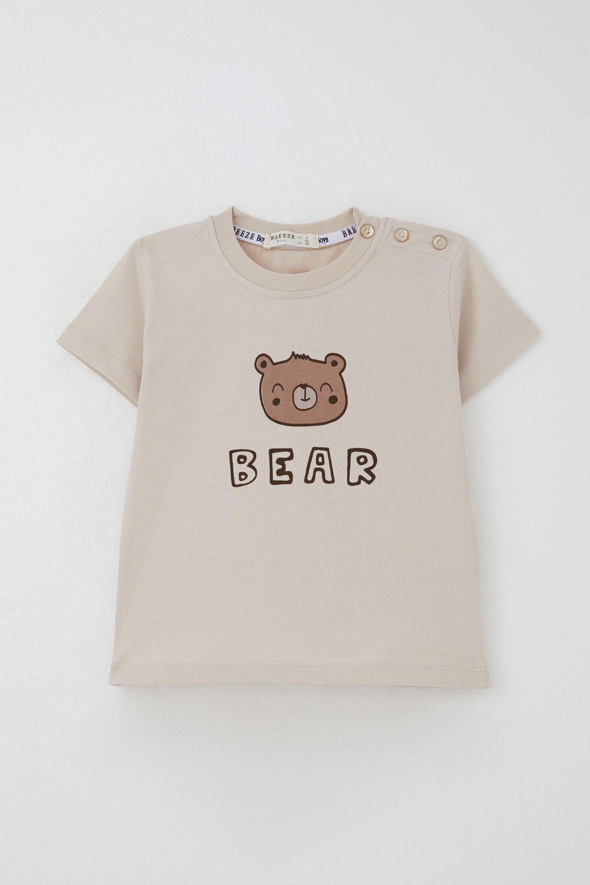 Breeze Erkek Bebek Şortlu Takım Sevimli Ayıcık Baskılı Bej (9 Ay-3 Yaş)