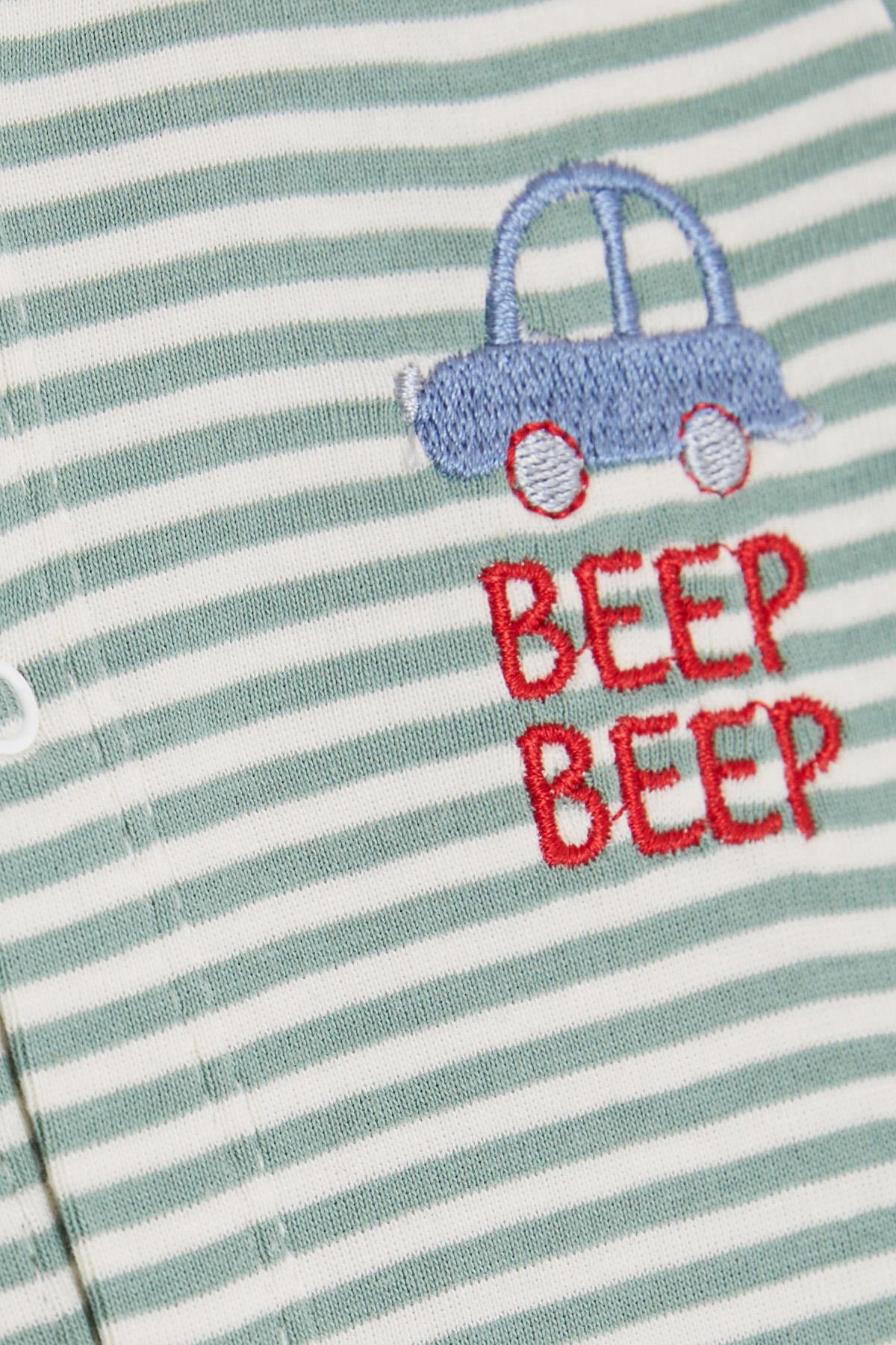 Breeze Erkek Bebek Şortlu Tulum Çizgili Araba Yazı Nakış Baskılı Mint Yeşili (0-3 Ay-6 Ay)