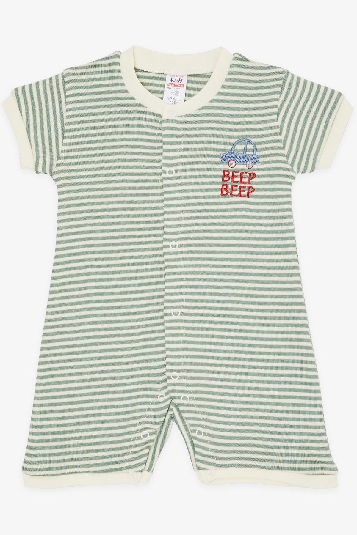 Breeze Erkek Bebek Şortlu Tulum Çizgili Araba Yazı Nakış Baskılı Mint Yeşili (0-3 Ay-6 Ay)