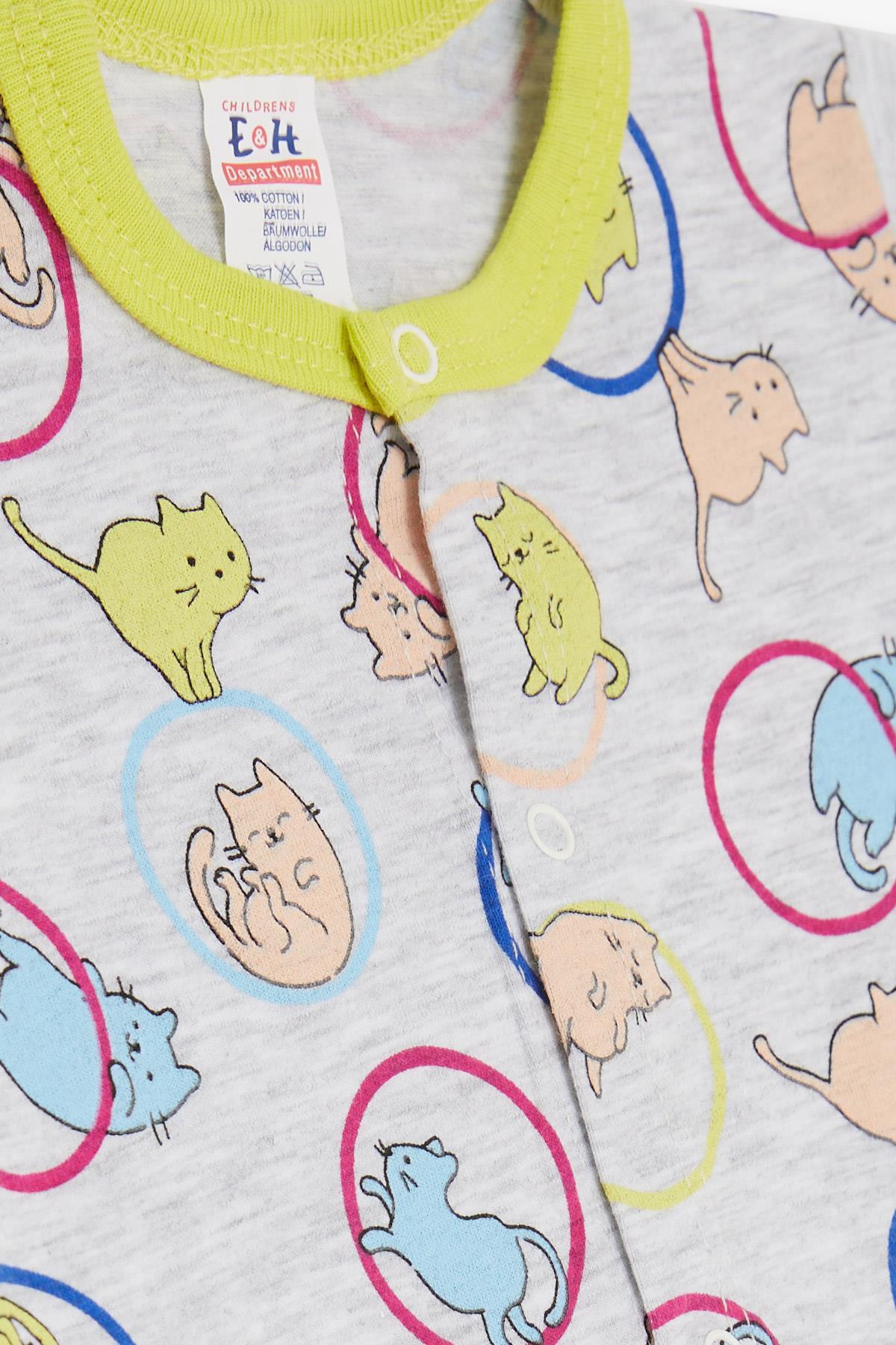 Breeze Erkek Bebek Şortlu Tulum Hareketli Kedicik Desenli Açık Gri Melanj (0-3 Ay-9 Ay)