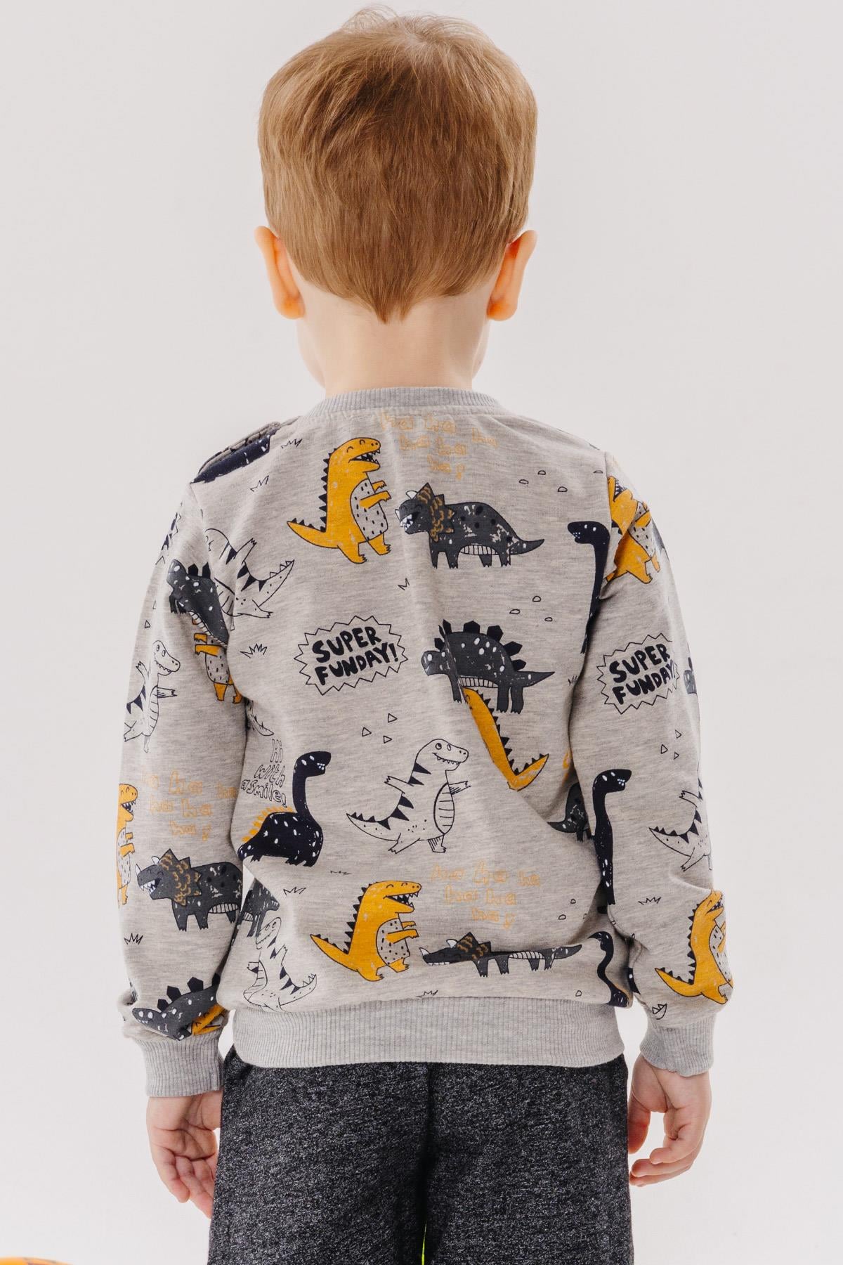 Breeze Erkek Bebek Sweatshirt Dinazor Desenli Gri Melanj (1.5-2 Yaş)
