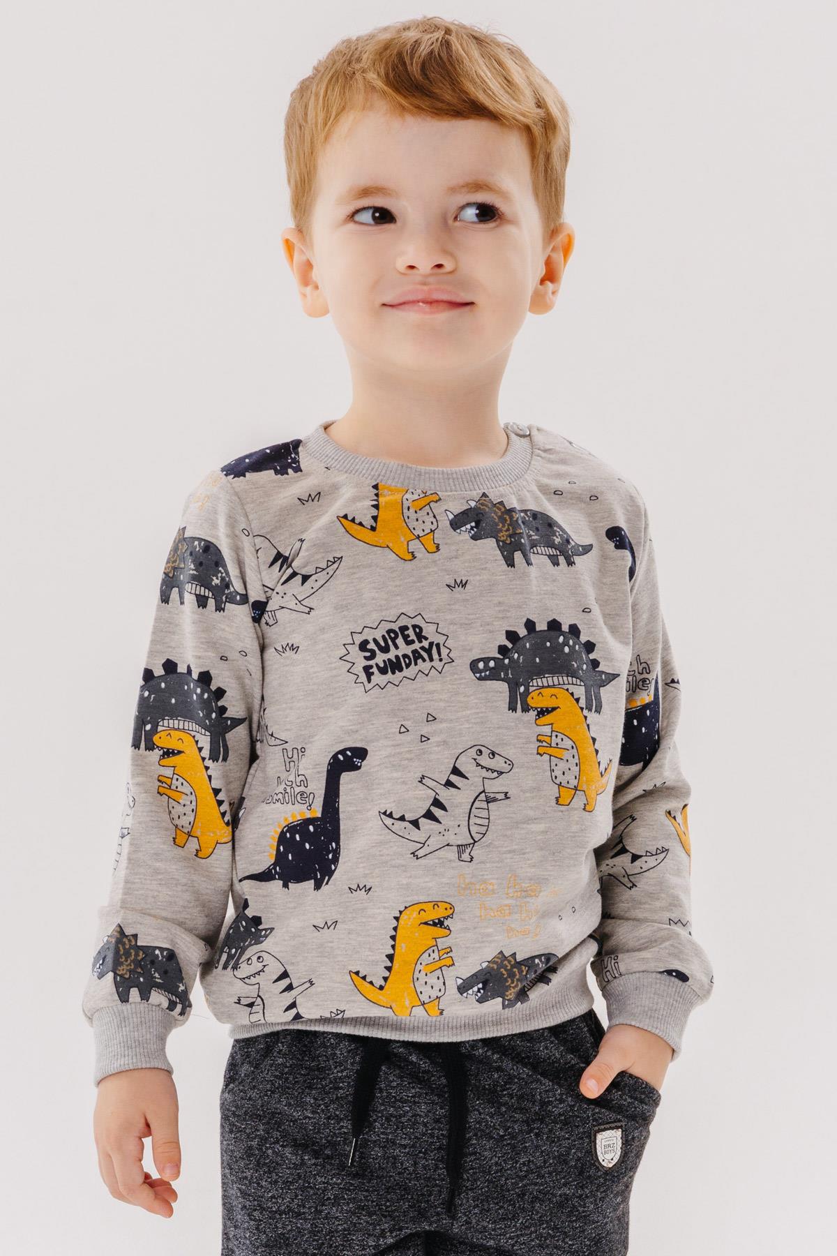 Breeze Erkek Bebek Sweatshirt Dinazor Desenli Gri Melanj (1.5-2 Yaş)