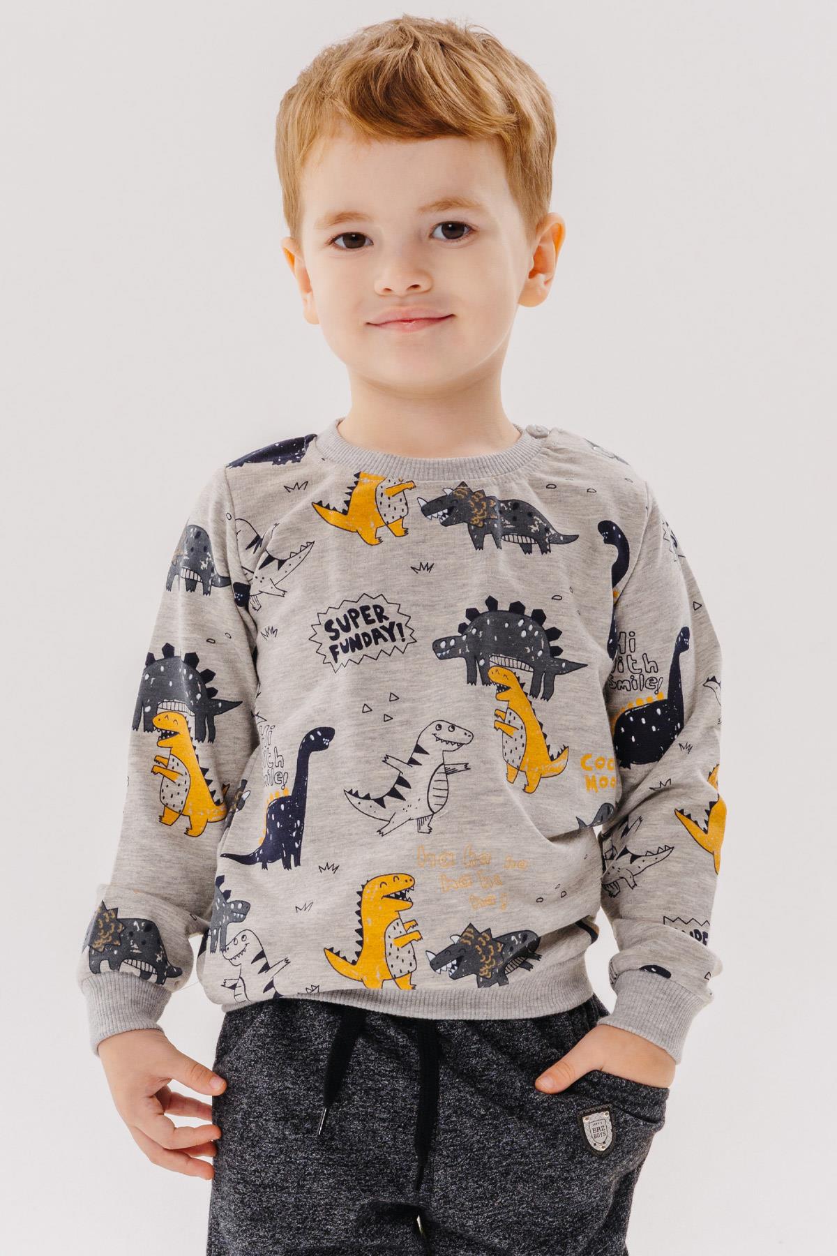 Breeze Erkek Bebek Sweatshirt Dinazor Desenli Gri Melanj (1.5-2 Yaş)