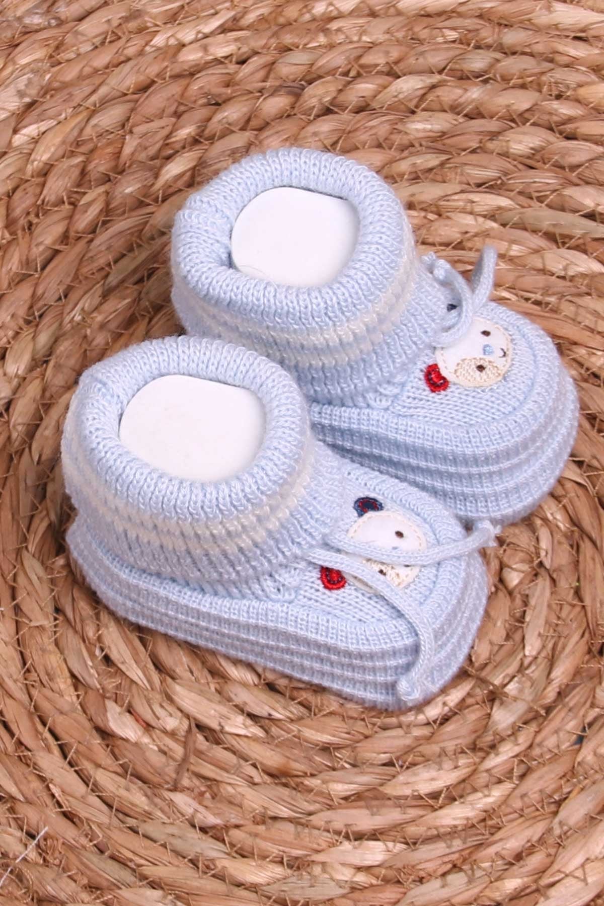 Breeze Erkek Bebek Triko Patik İşlemeli Ayıcıklı Bebe Mavisi (Yenidoğan)
