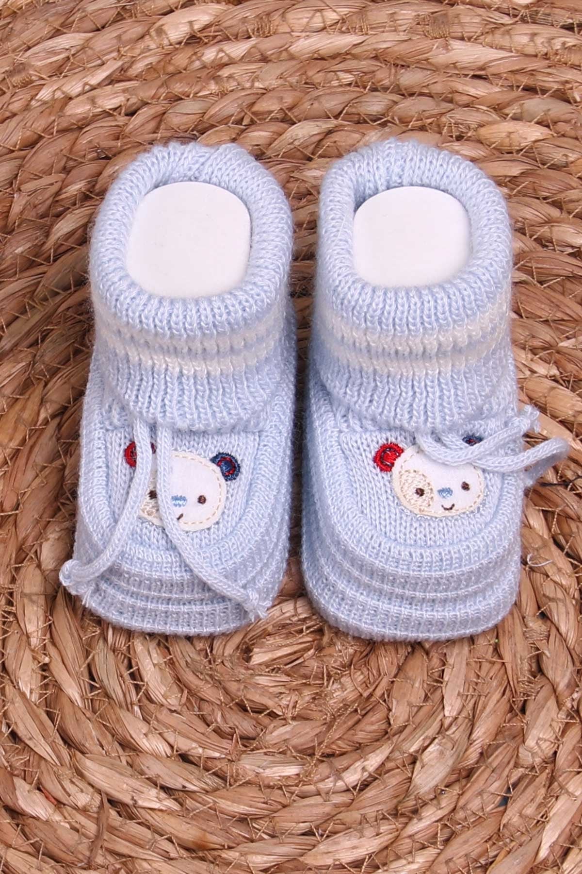 Breeze Erkek Bebek Triko Patik İşlemeli Ayıcıklı Bebe Mavisi (Yenidoğan)