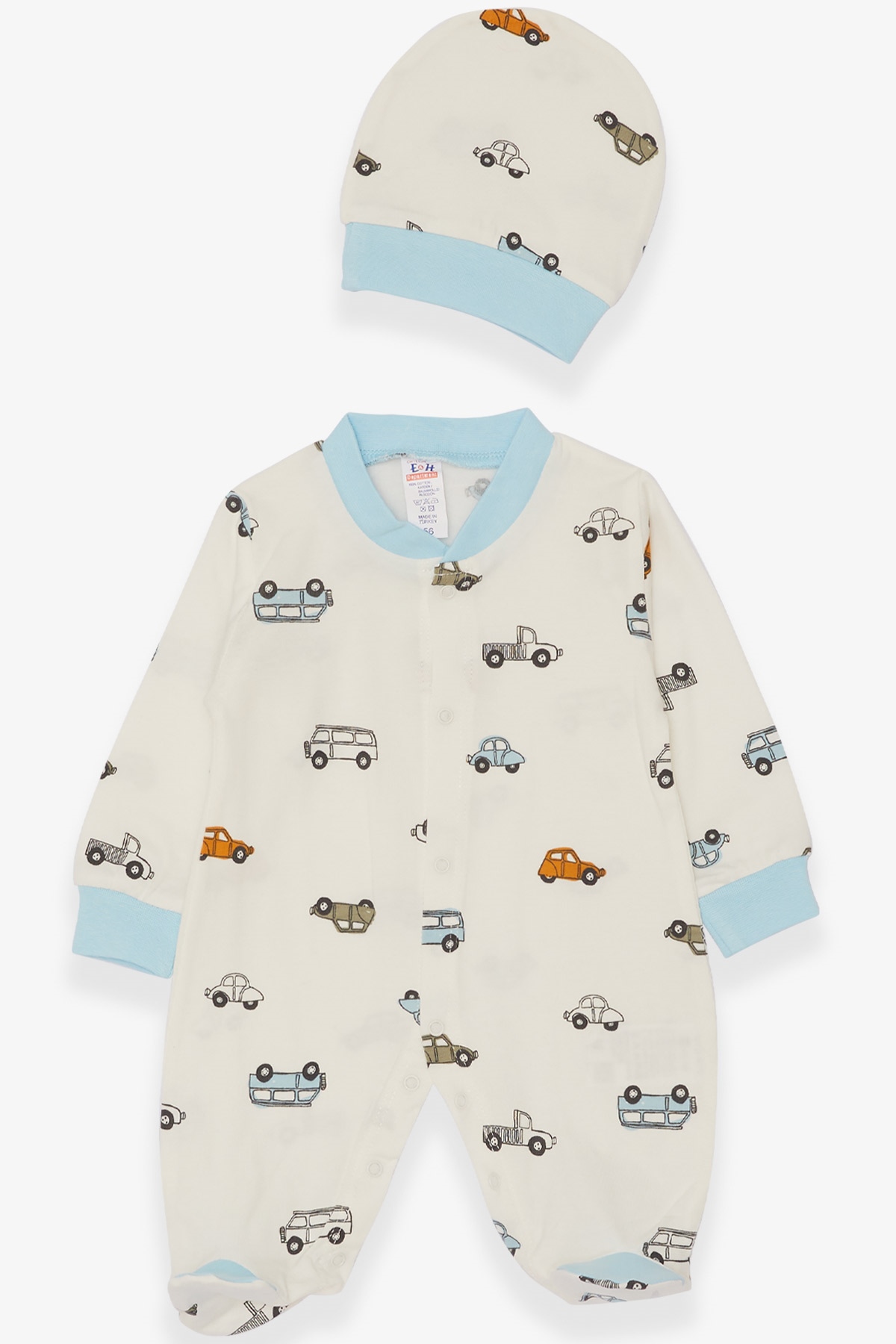 Breeze Erkek Bebek Tulum Araba Desenli Ekru (0-3 Ay-6 Ay)
