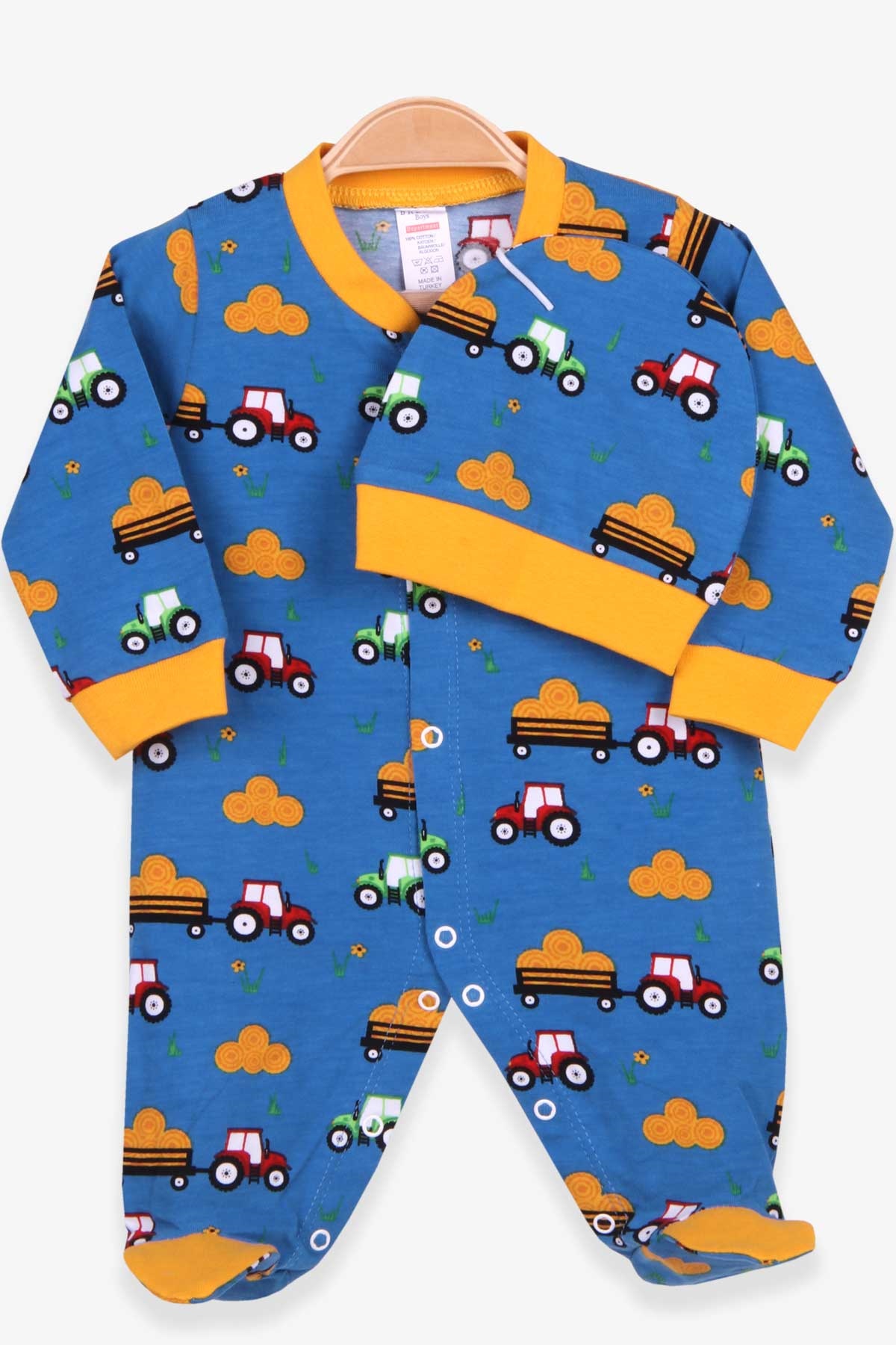 Breeze Erkek Bebek Tulum Araba Desenli Şapkalı Set Mavi (0-3 Ay-6 Ay)