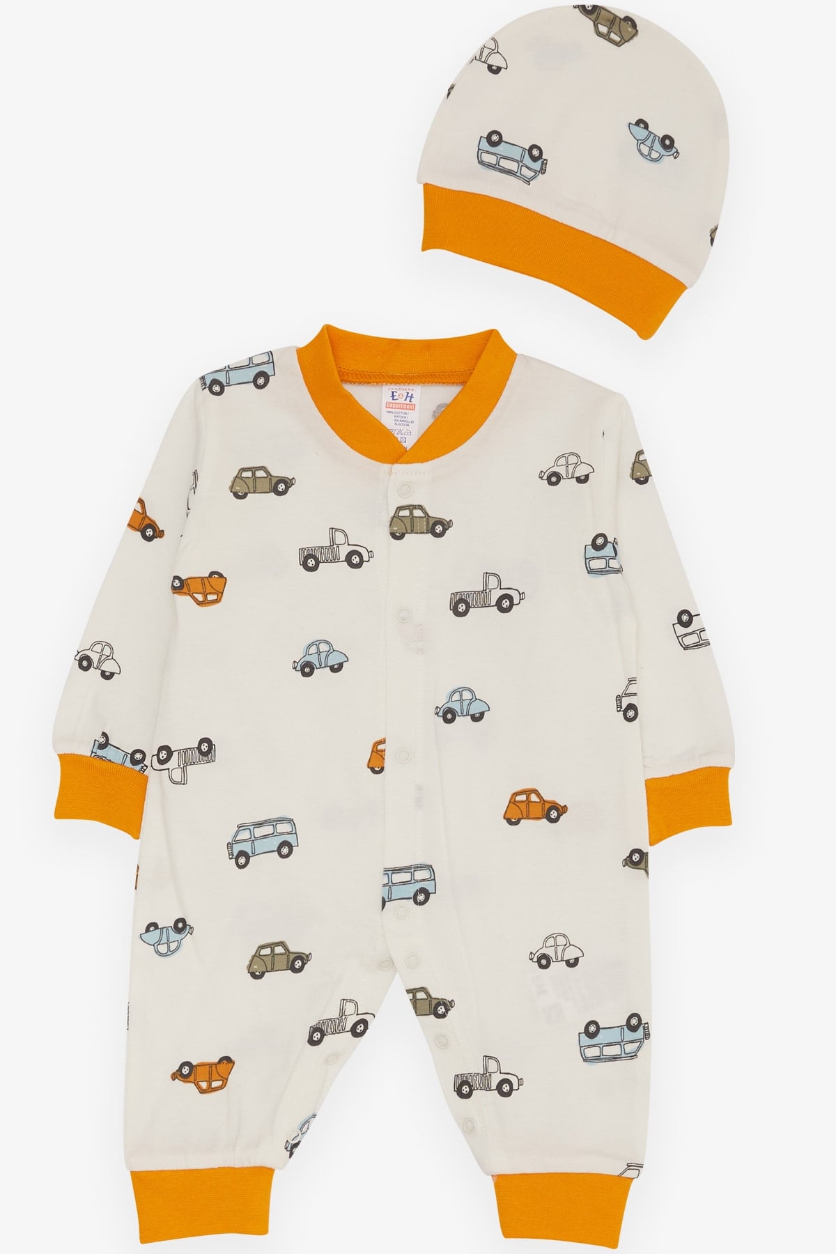 Breeze Erkek Bebek Tulum Araba Desenli Ekru (0-3 Ay-6 Ay)