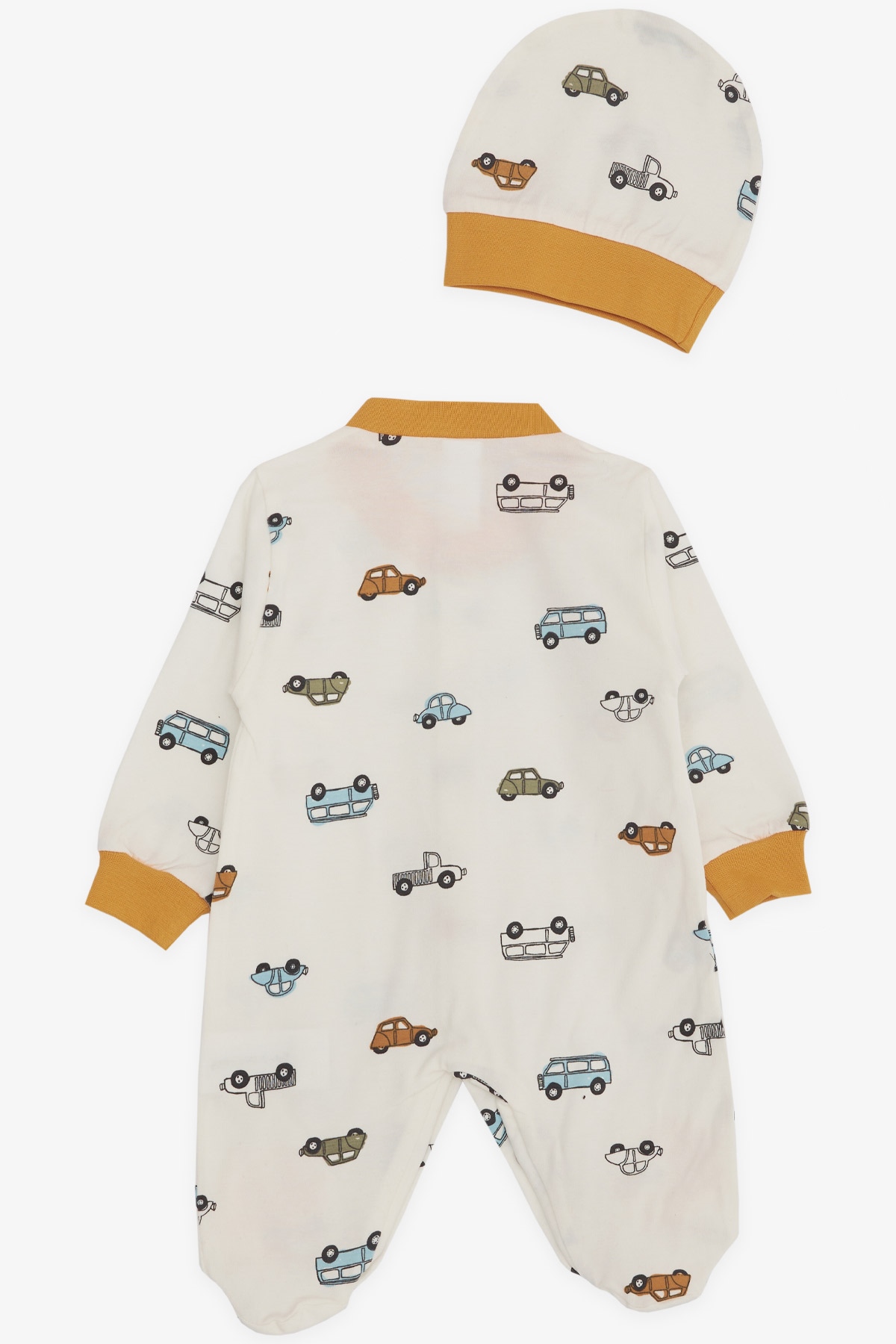 Breeze Erkek Bebek Tulum Araba Desenli Ekru (0-3 Ay-6 Ay)