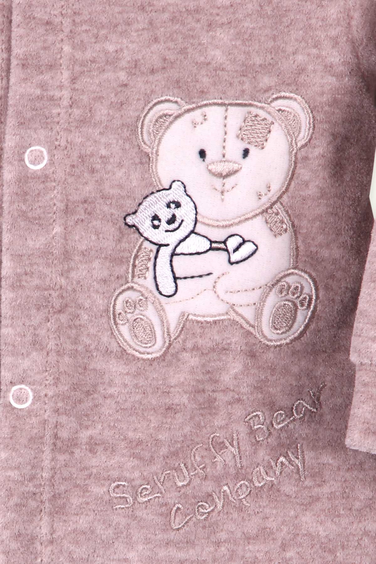 Breeze Erkek Bebek Tulum Ayıcıklı Nakışlı Kadife Açık Kahverengi (0-3 Ay-4 Ay)