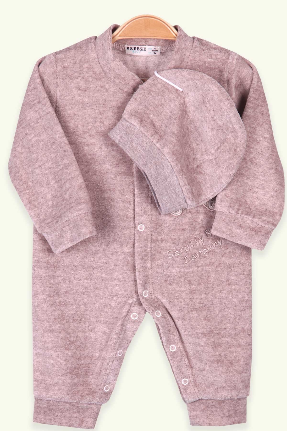 Breeze Erkek Bebek Tulum Ayıcıklı Nakışlı Kadife Açık Kahverengi (0-3 Ay-4 Ay)