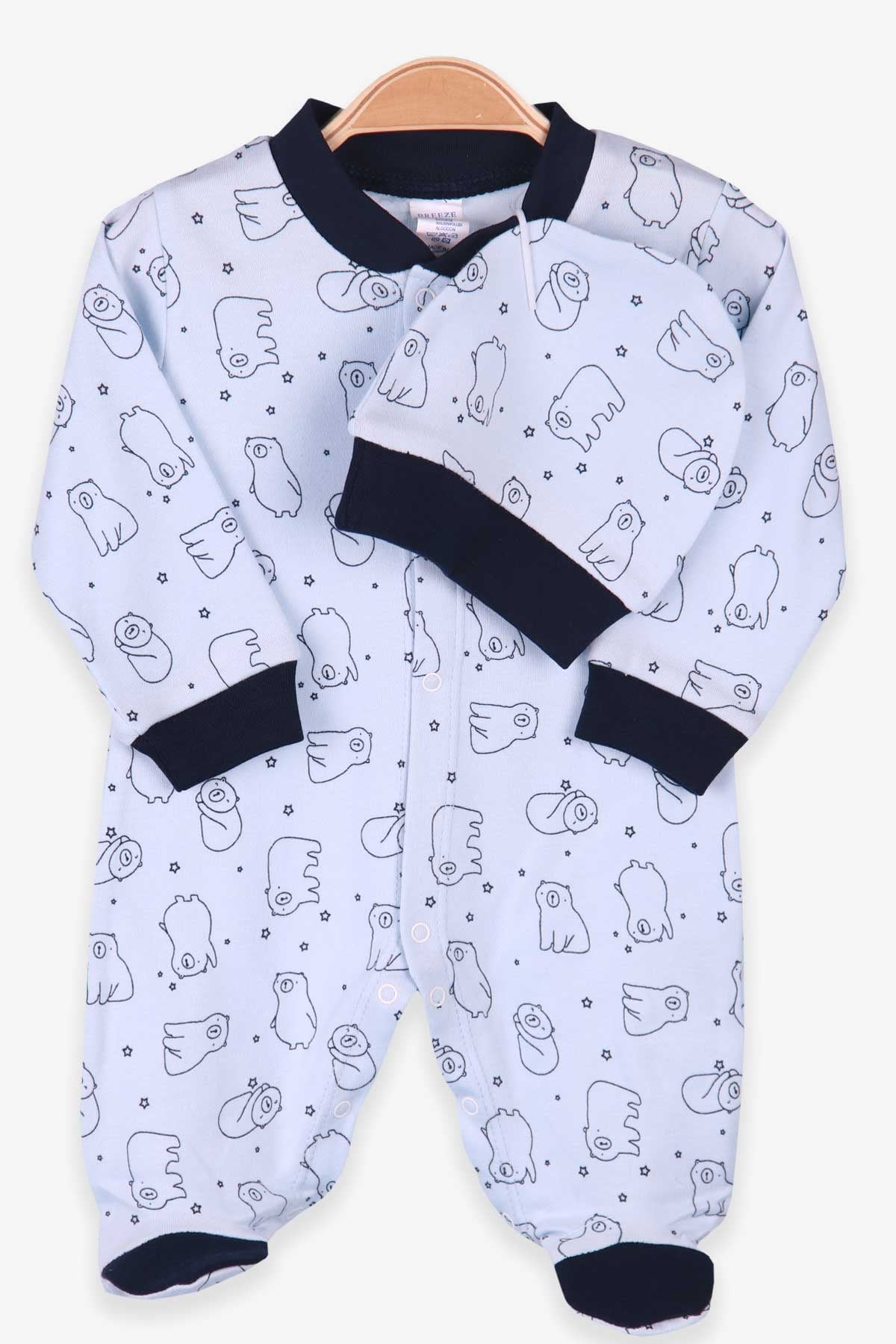 Breeze Erkek Bebek Tulum Ayıcıklı Şapkalı Set Bebe Mavisi (0-3 Ay-4 Ay)