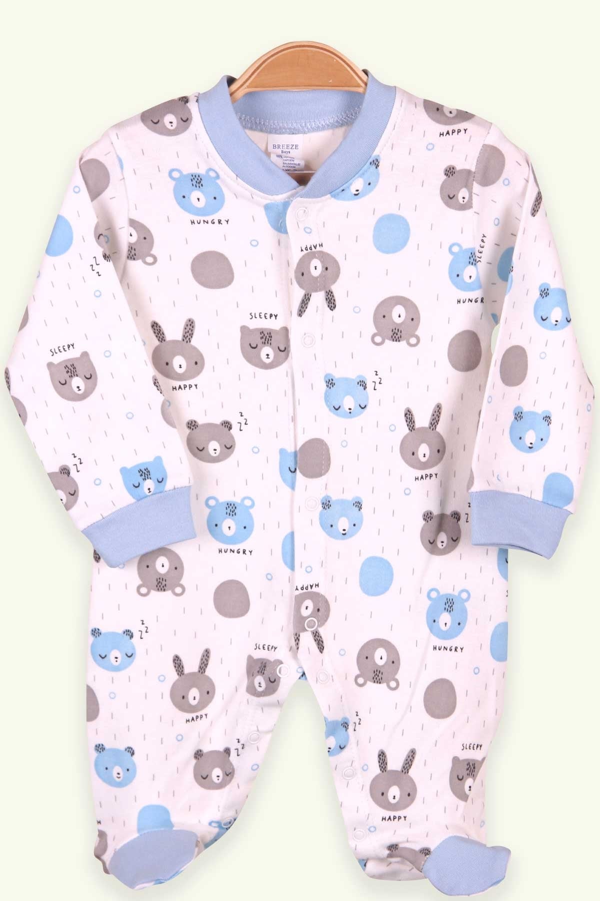 Breeze Erkek Bebek Tulum Ayıcıklı Tavşanlı Bebe Mavisi (0-3 Ay-4 Ay)