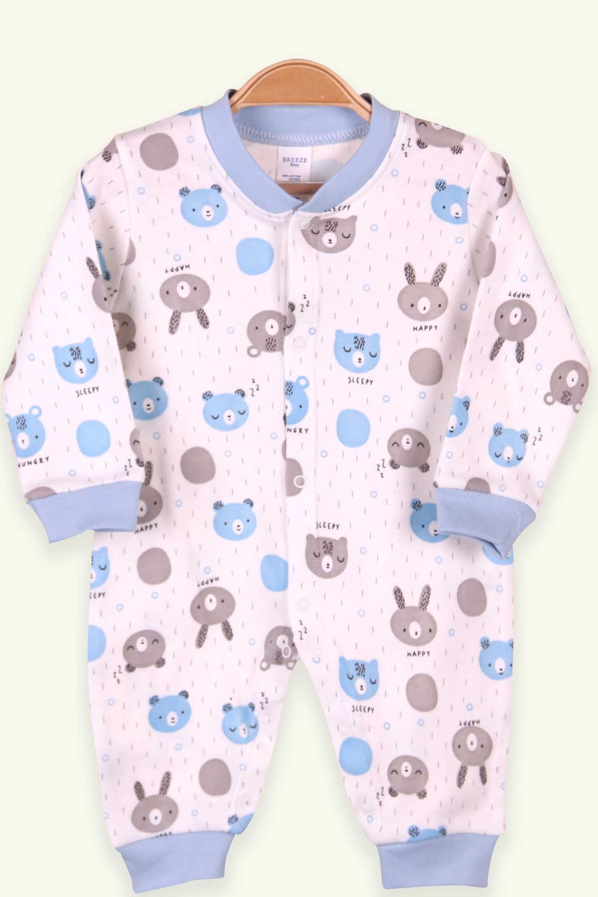 Breeze Erkek Bebek Tulum Ayıcıklı Tavşanlı Bebe Mavisi (0-3 Ay-4 Ay)