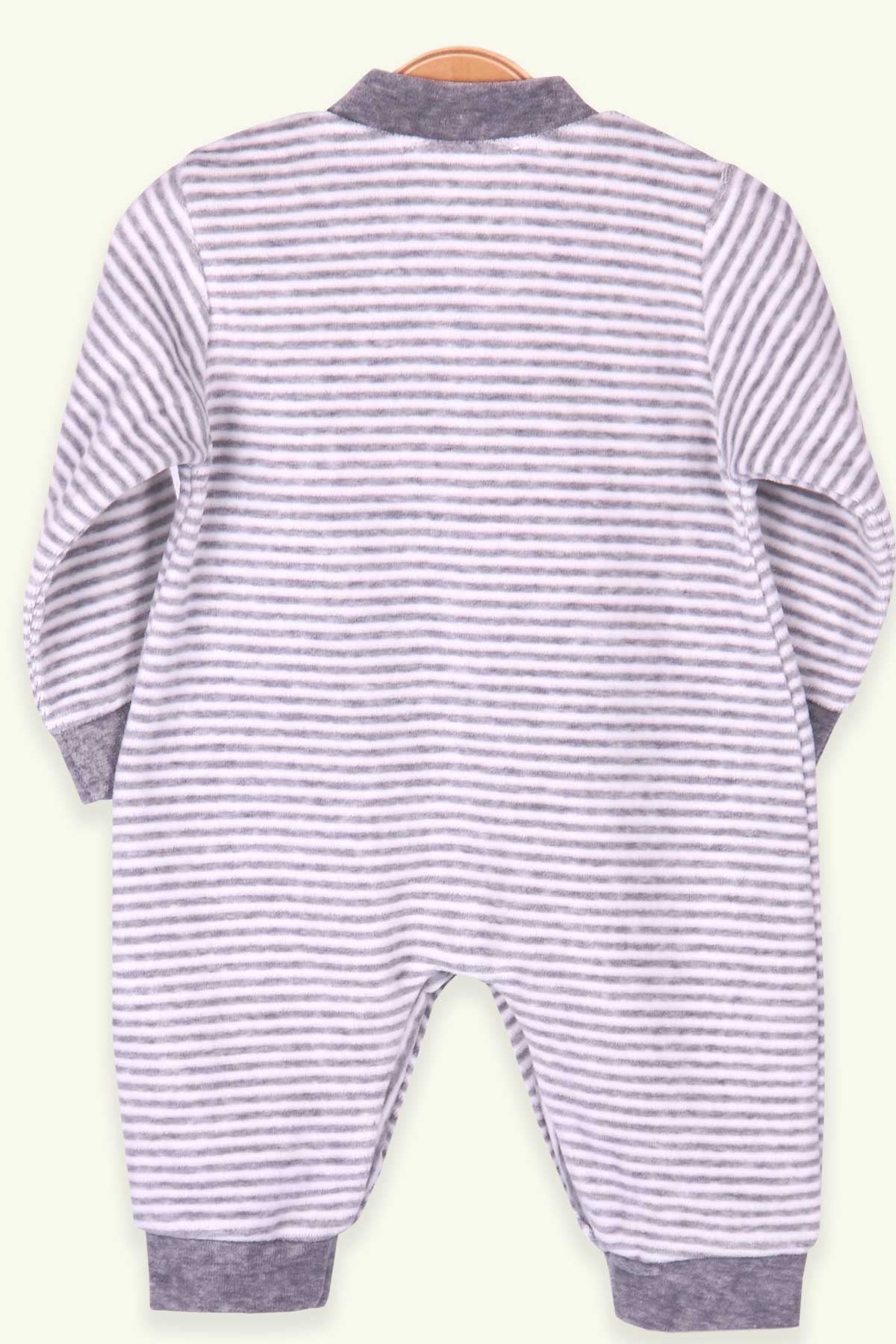 Breeze Erkek Bebek Tulum Çizgili Ayıcıklı Nakışlı Kadife Gri (0-3 Ay-4 Ay)
