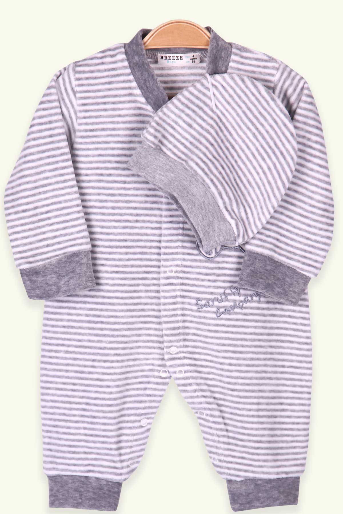 Breeze Erkek Bebek Tulum Çizgili Ayıcıklı Nakışlı Kadife Gri (0-3 Ay-4 Ay)