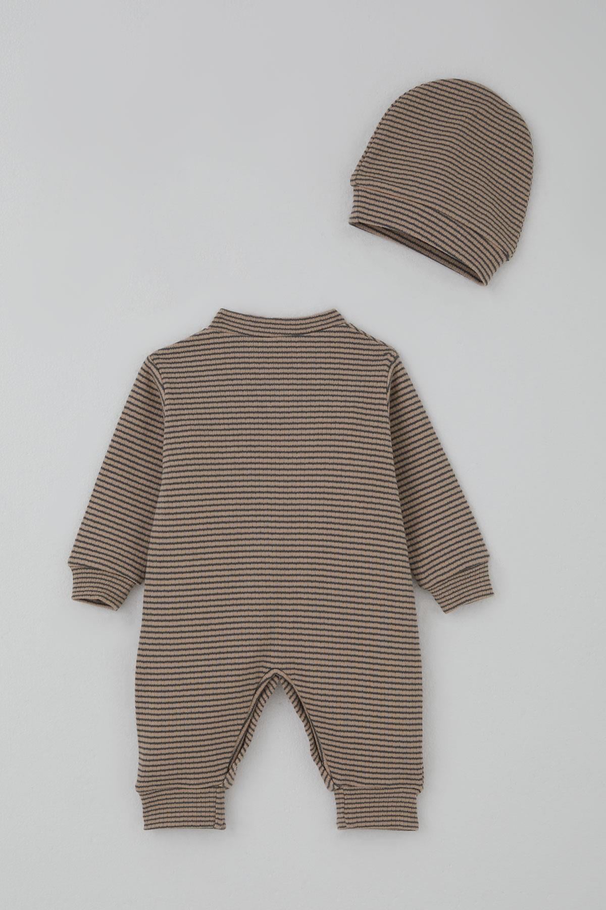 Breeze Erkek Bebek Tulum Çizgili Çıtçıtlı Vizon (0-9 Ay)