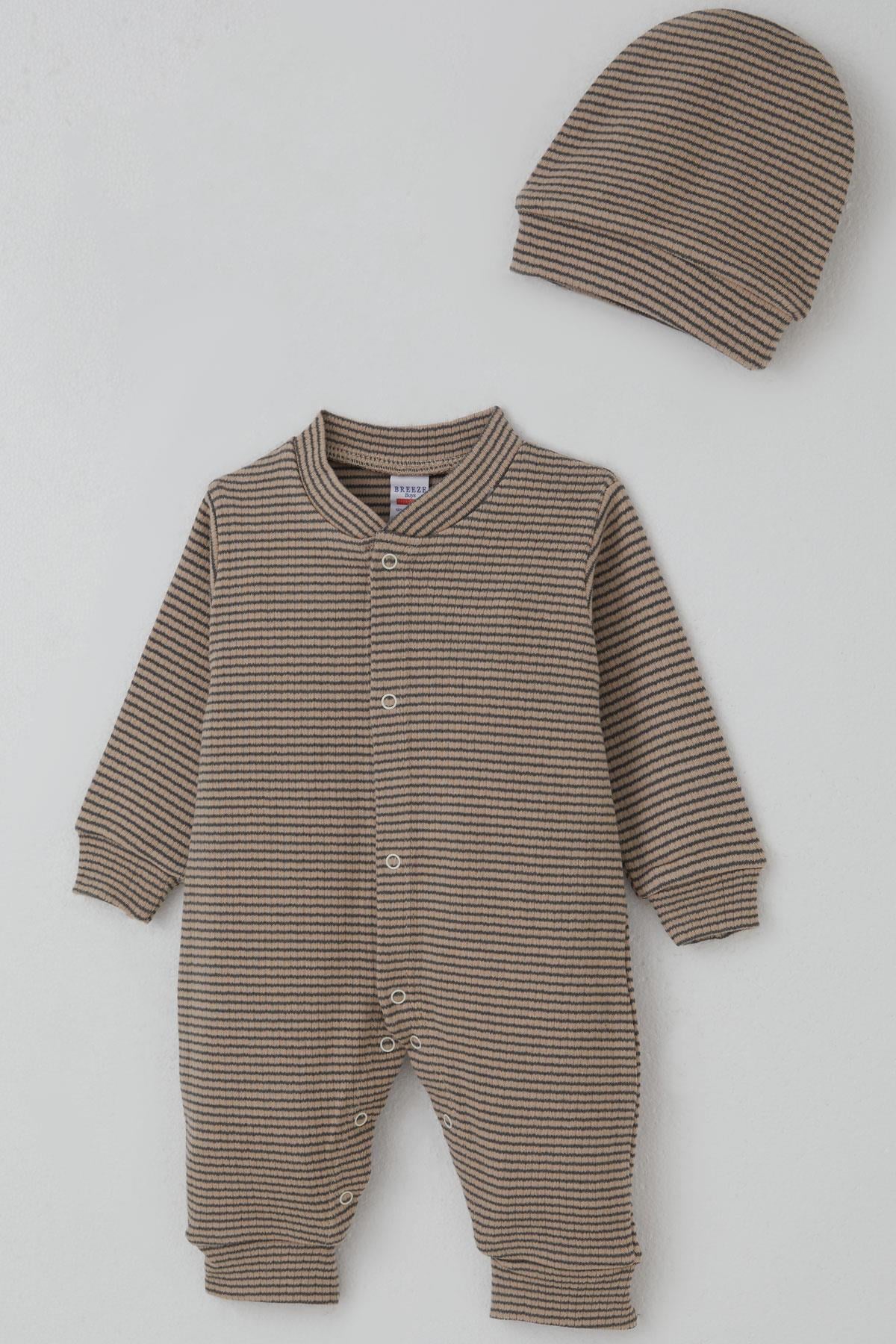 Breeze Erkek Bebek Tulum Çizgili Çıtçıtlı Vizon (0-9 Ay)