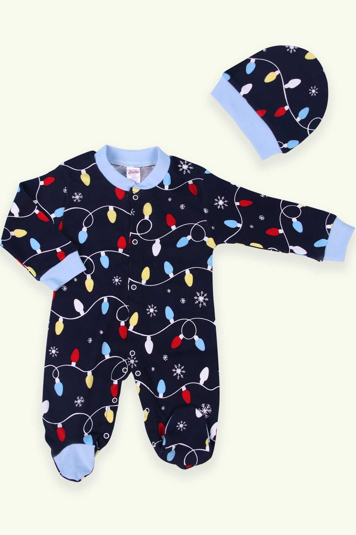 Breeze Erkek Bebek Tulum Desenli Şapkalı Set Lacivert (0-3 Ay-4 Ay)