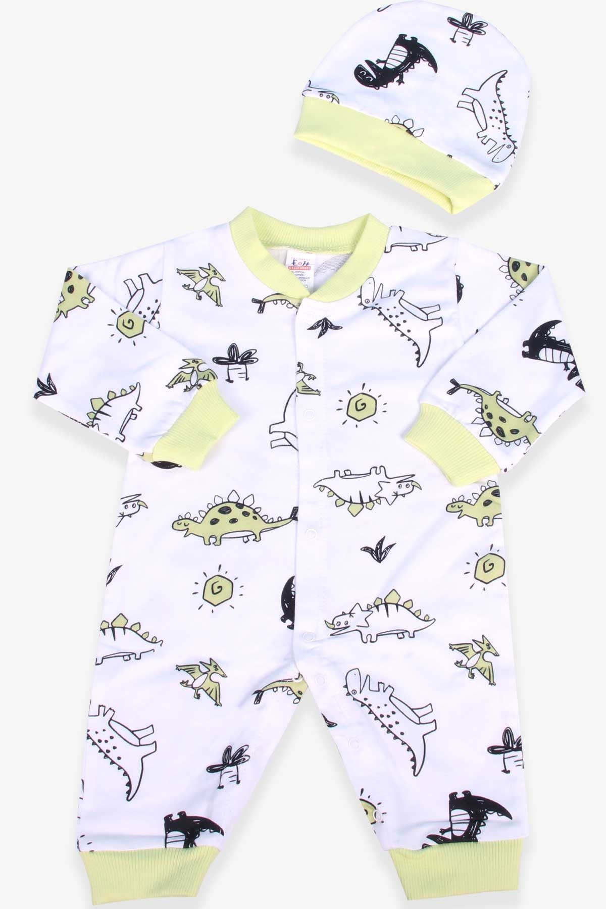 Breeze Erkek Bebek Tulum Dinazor Desenli Şapkalı Set Beyaz (0-3 Ay-6 Ay)