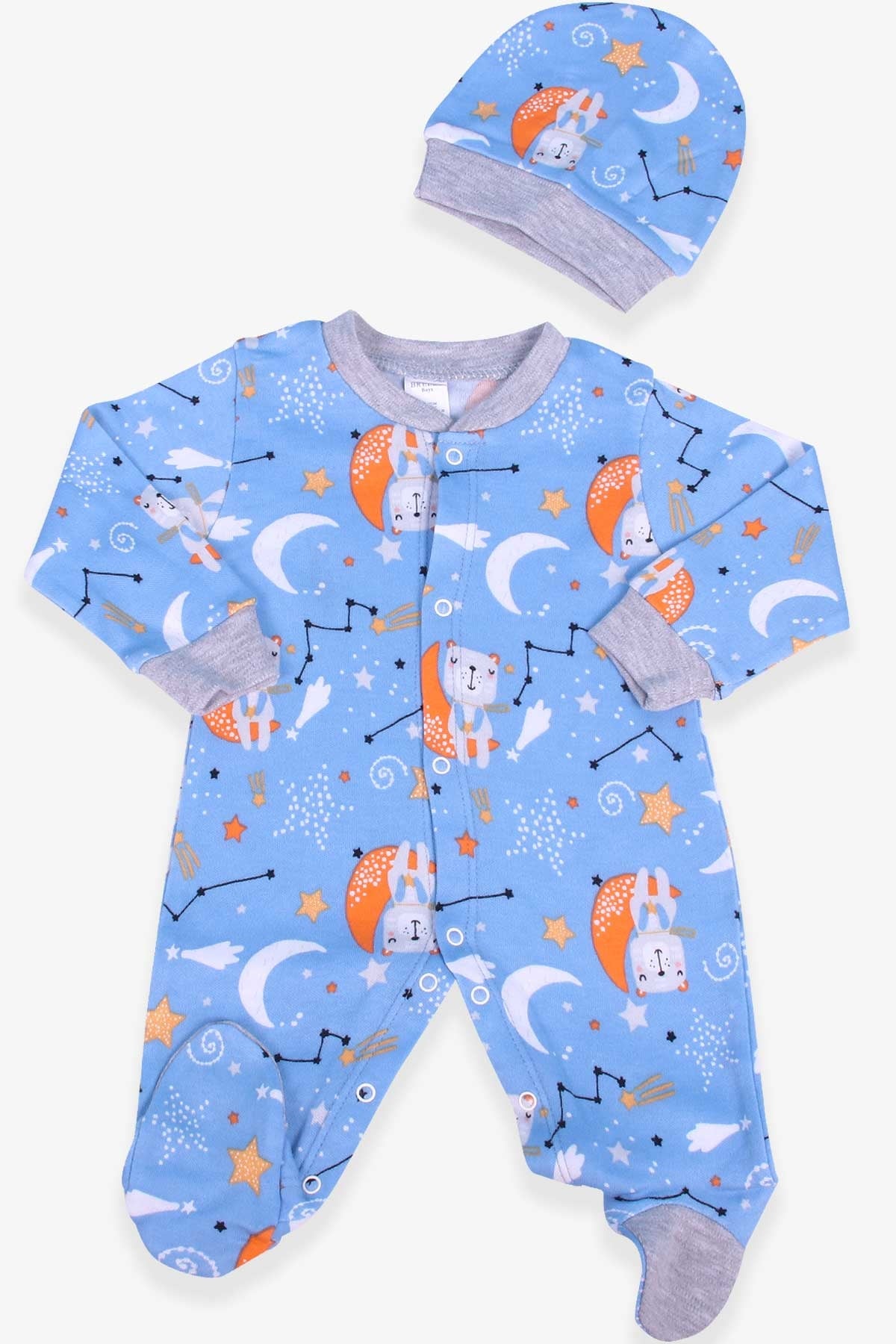 Breeze Erkek Bebek Tulum Gece Temalı Şapkalı Set Mavi (0-3 Ay-6 Ay)