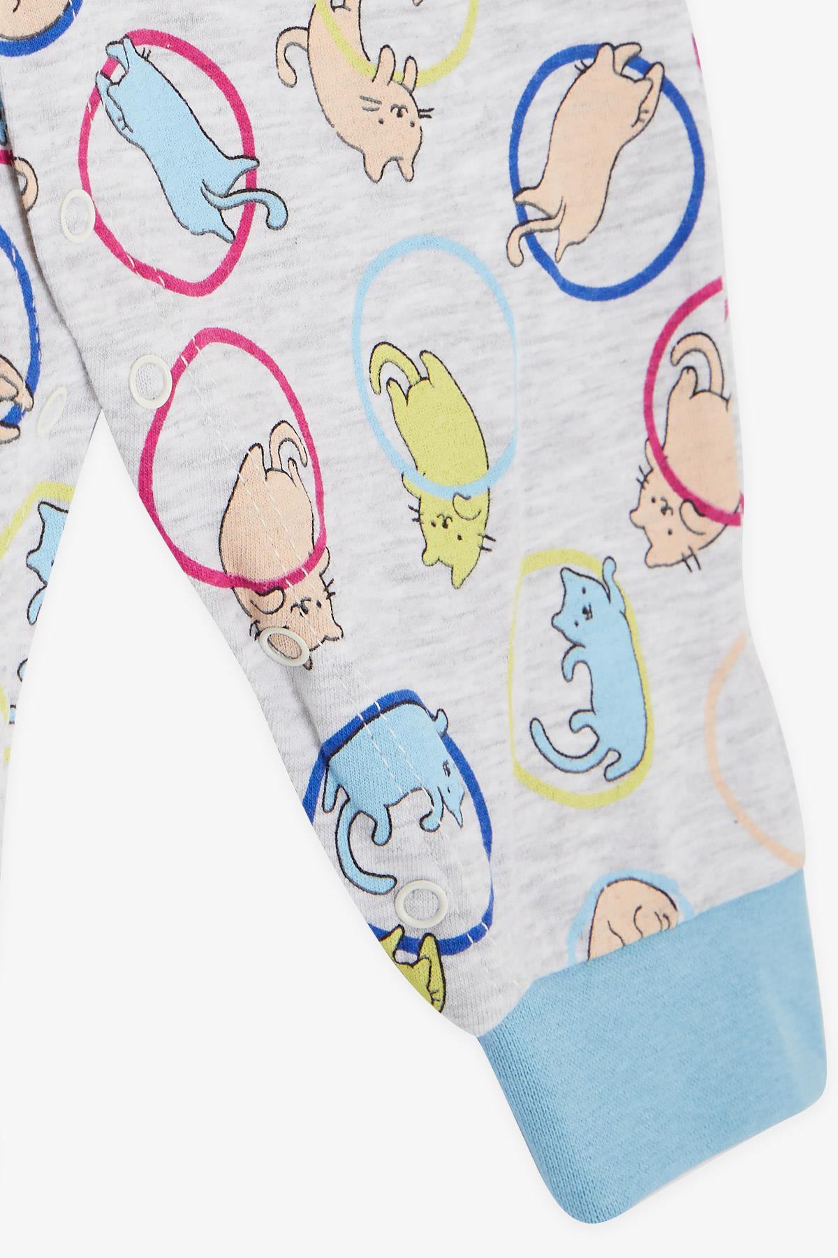 Breeze Erkek Bebek Tulum Hareketli Sevimli Kedicik Desenli Açık Gri Melanj (0-3 Ay-6 Ay)