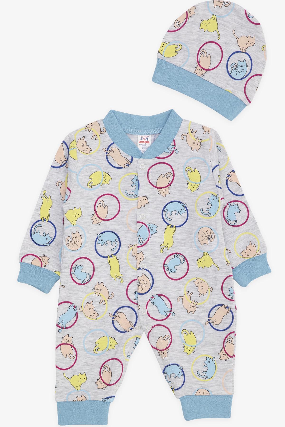 Breeze Erkek Bebek Tulum Hareketli Sevimli Kedicik Desenli Açık Gri Melanj (0-3 Ay-6 Ay)