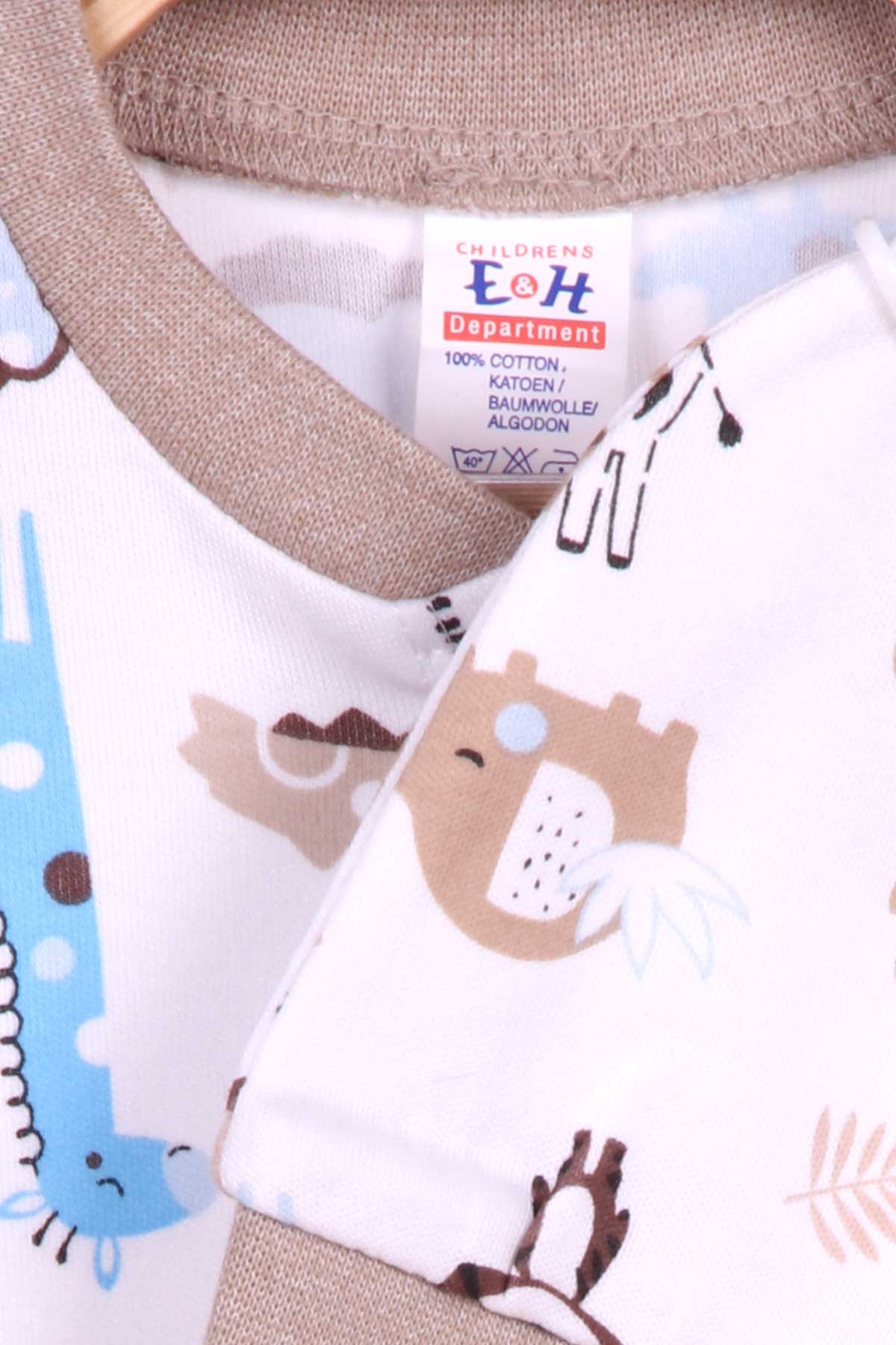 Breeze Erkek Bebek Tulum Hayvancık Baskılı Şapkalı Set Beyaz (0-3 Ay-6 Ay)