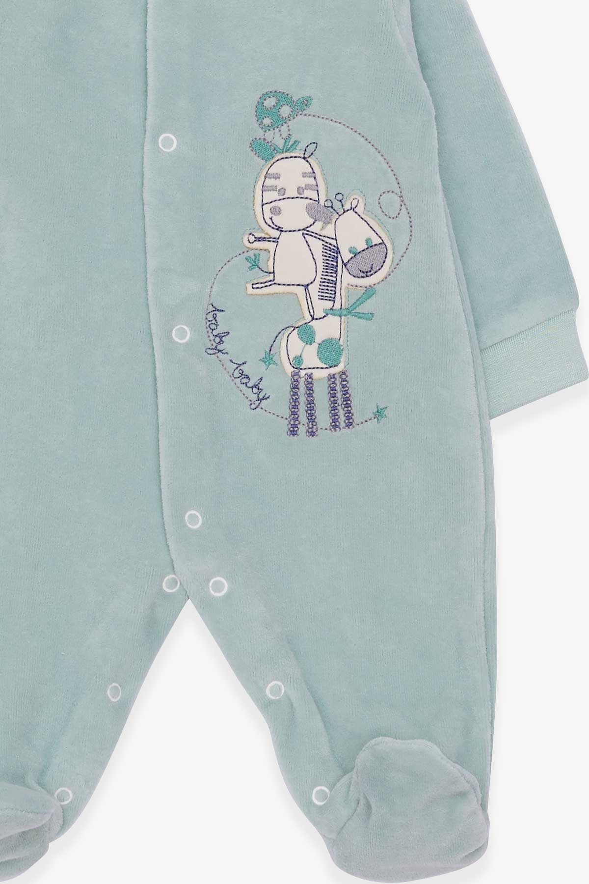 Breeze Erkek Bebek Tulum Kadife Zürafa Nakışlı Mint Yeşili (0-3 Ay-6 Ay)