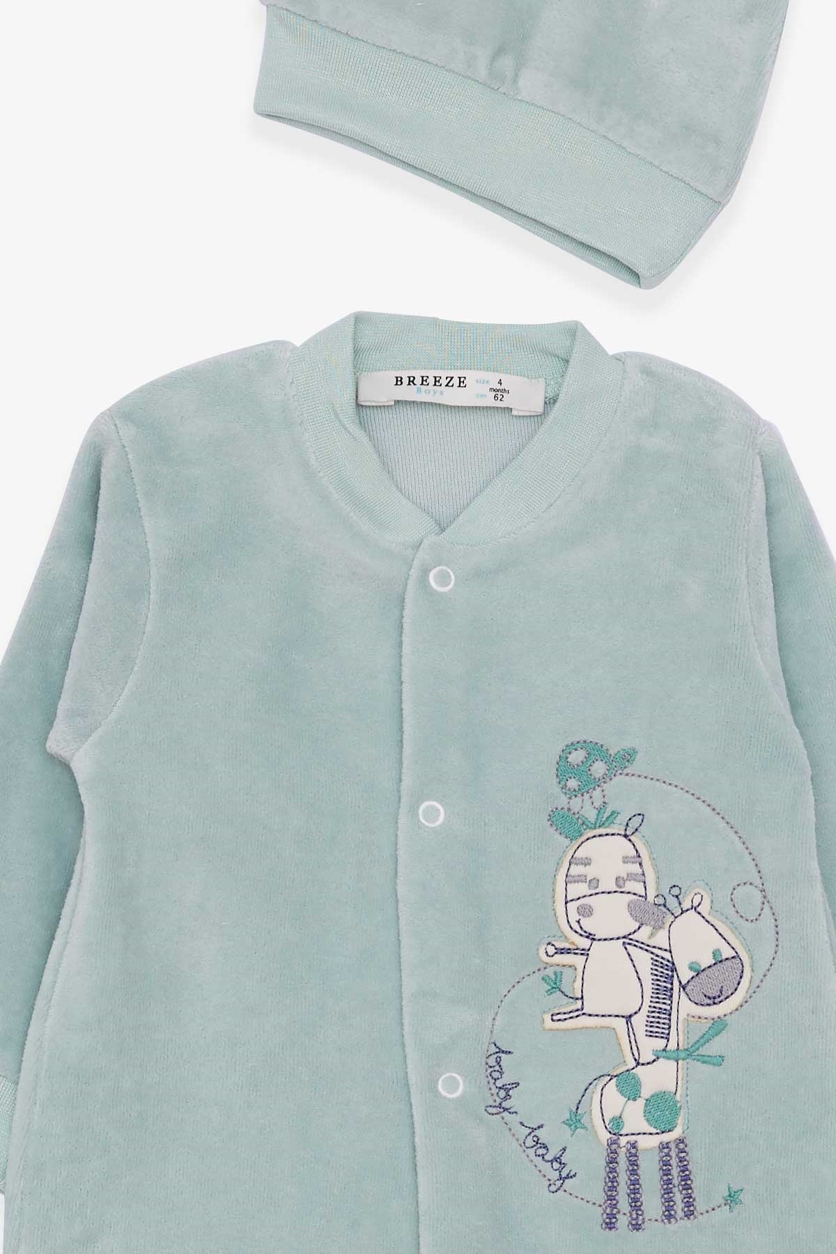 Breeze Erkek Bebek Tulum Kadife Zürafa Nakışlı Mint Yeşili (0-3 Ay-6 Ay)