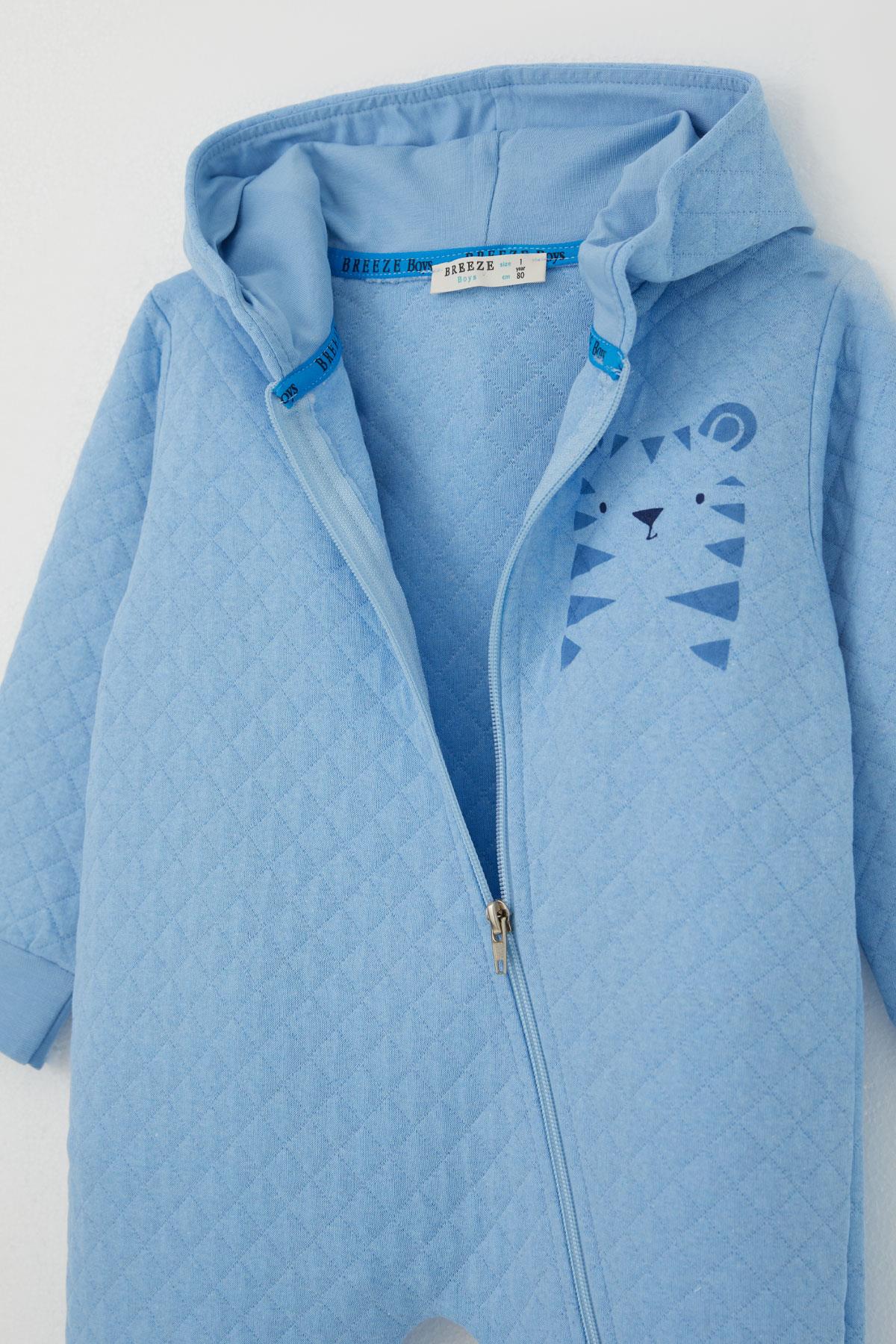 Breeze Erkek Bebek Tulum Kapitone Desenli Sevimli Aslancık Baskılı Kapüşonlu Açık Mavi (4 Ay-1.5 Yaş)