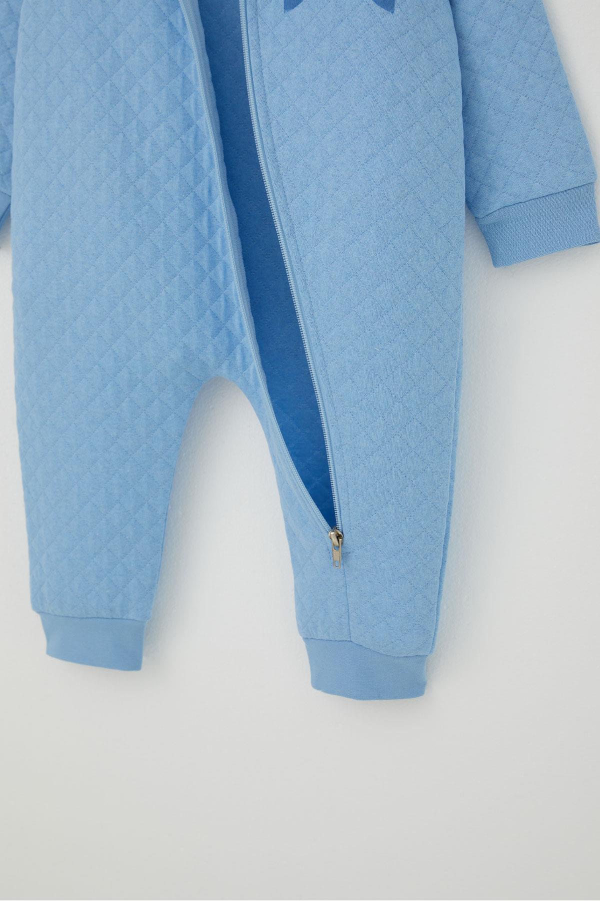 Breeze Erkek Bebek Tulum Kapitone Desenli Sevimli Aslancık Baskılı Kapüşonlu Açık Mavi (4 Ay-1.5 Yaş)