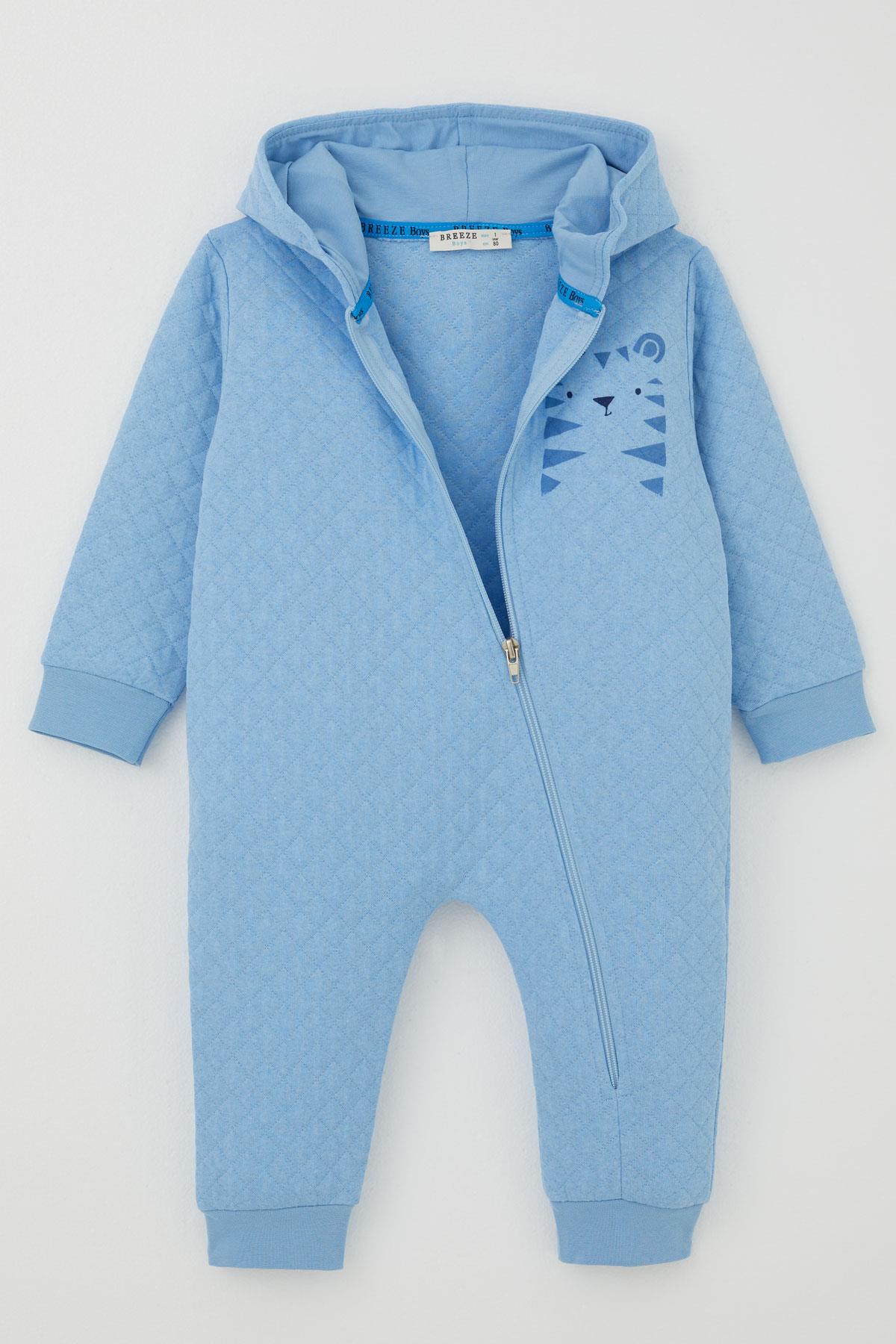 Breeze Erkek Bebek Tulum Kapitone Desenli Sevimli Aslancık Baskılı Kapüşonlu Açık Mavi (4 Ay-1.5 Yaş)