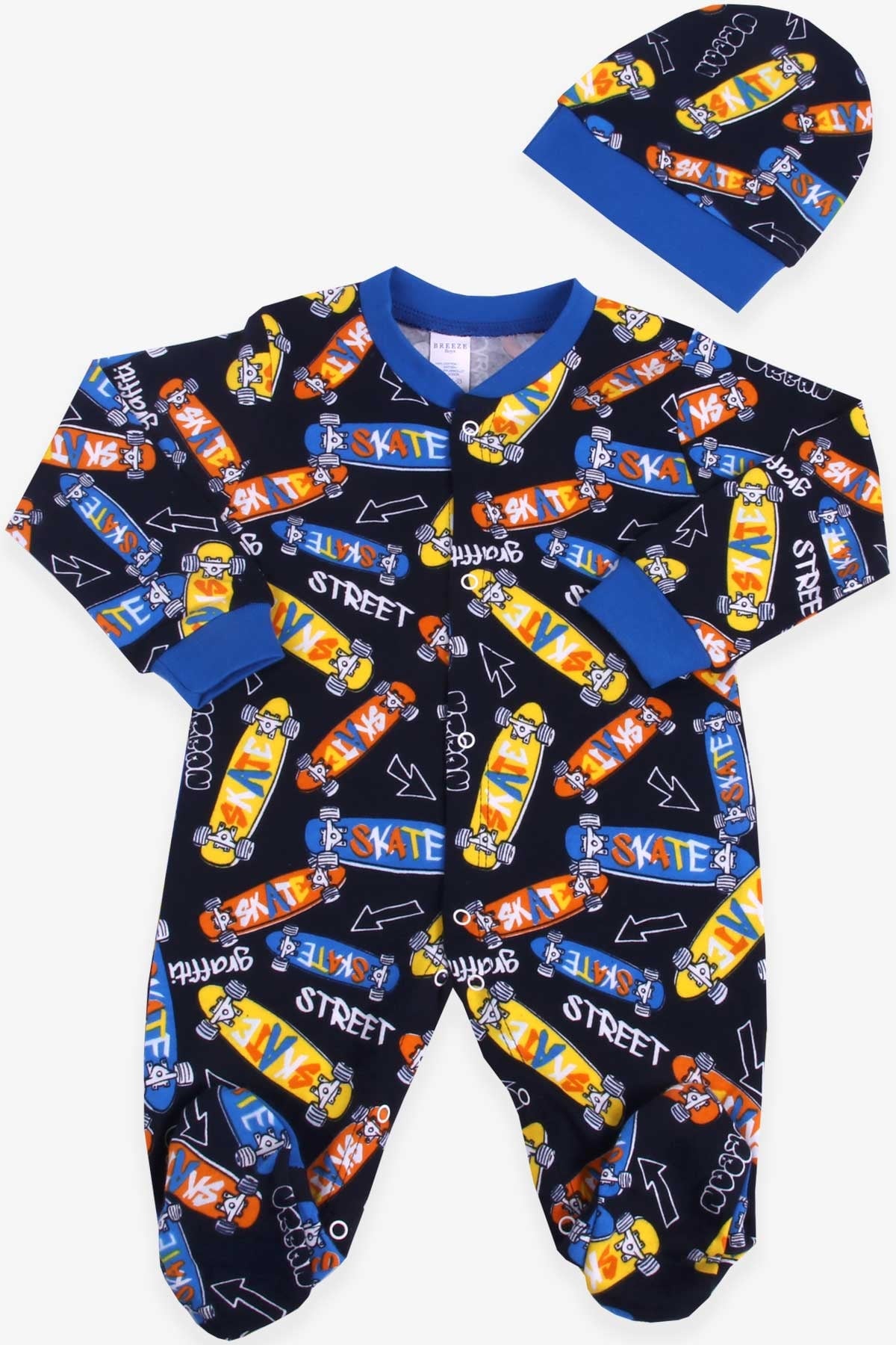 Breeze Erkek Bebek Tulum Kaykay Desenli Şapkalı Set Lacivert (0-3 Ay-6 Ay)