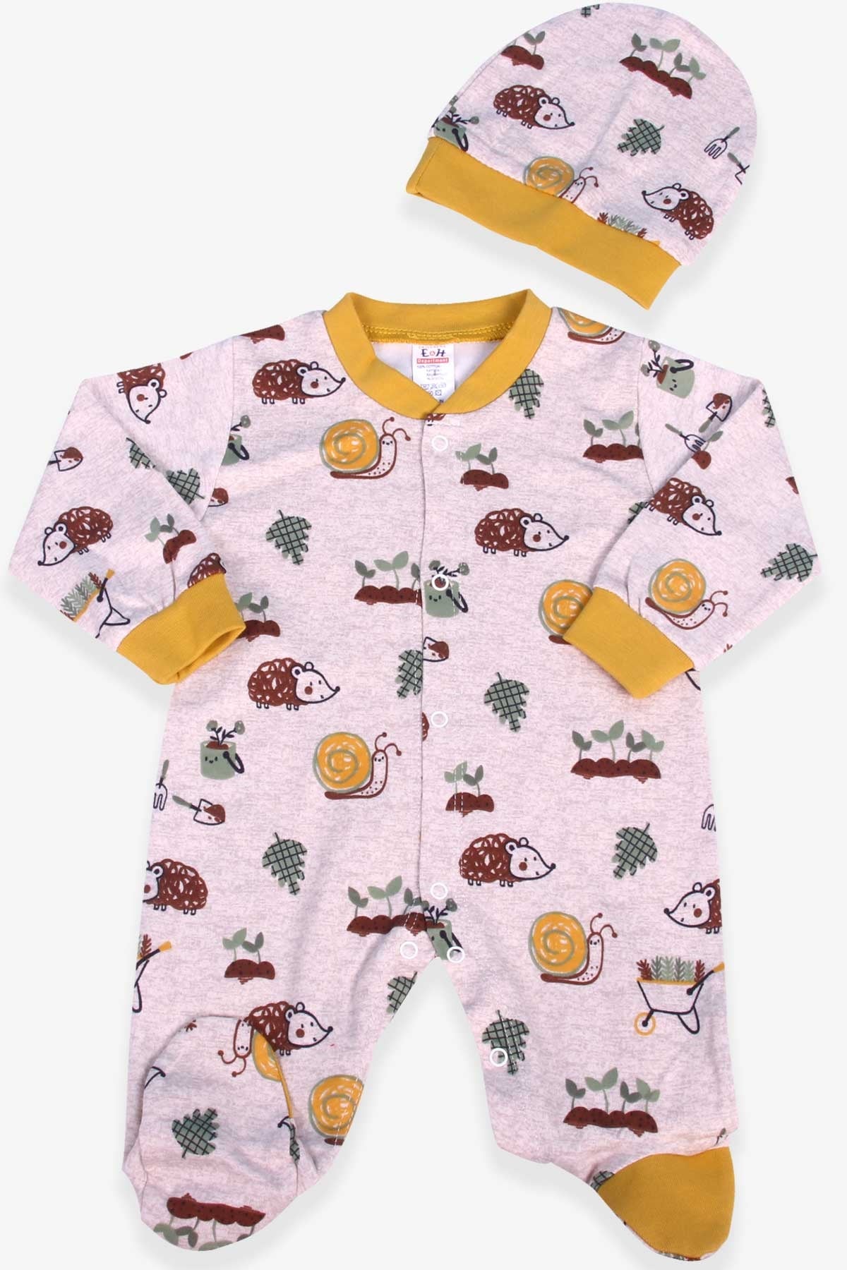 Breeze Erkek Bebek Tulum Kirpi Desenli Şapkalı Set Kahverengi (0-3-6 Ay)