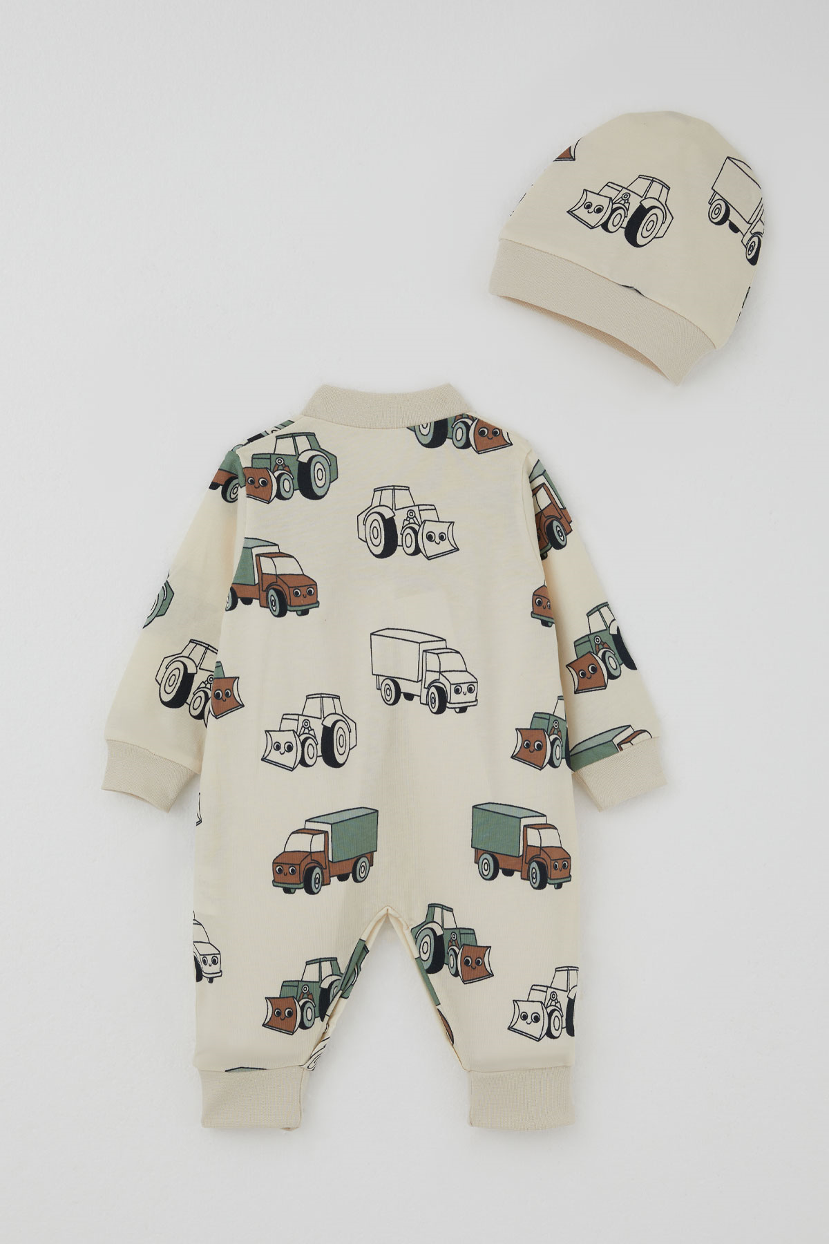 Breeze Erkek Bebek Tulum Minik İş Makineleri Desenli Krem (0-6 Ay)