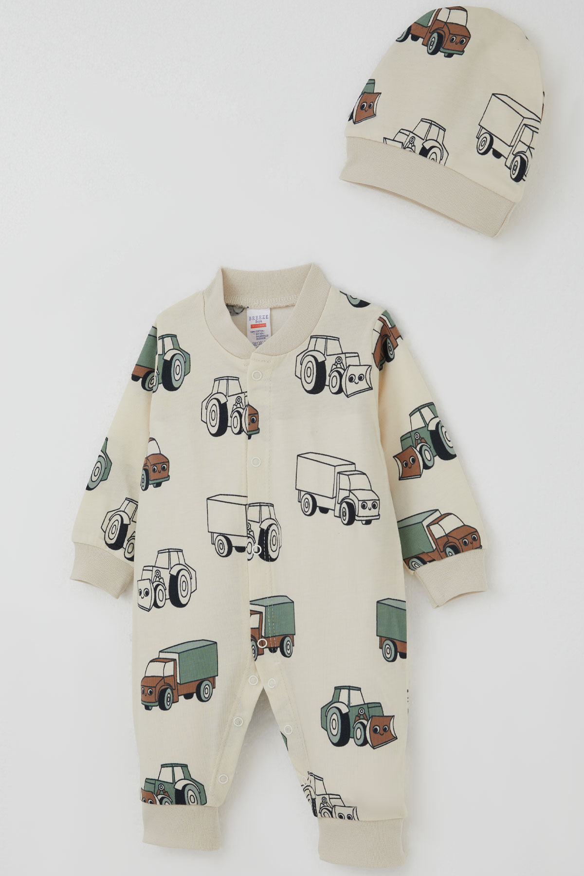 Breeze Erkek Bebek Tulum Minik İş Makineleri Desenli Krem (0-6 Ay)