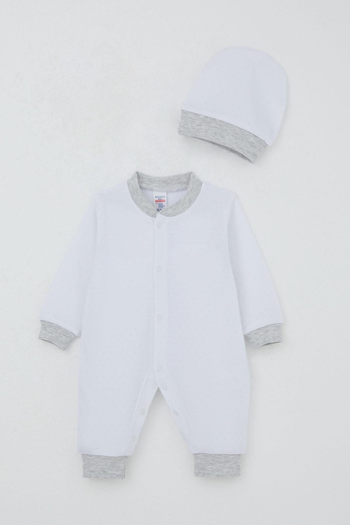 Breeze Erkek Bebek Tulum Nokta Desenli Beyaz (0-6 Ay)